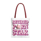 Cheeky Retired Porn Star Tote Bag in three sizes with colorful handles, durable spun polyester and playful design
