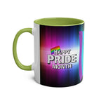 LGBTQ+ Pride Mug with vibrant rainbow design and "Happy Pride Month" text.