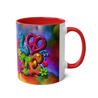 Vibrant rainbow LGBTQ+ Pride mug with peace and love motif, ceramic, 11oz, glossy finish.
