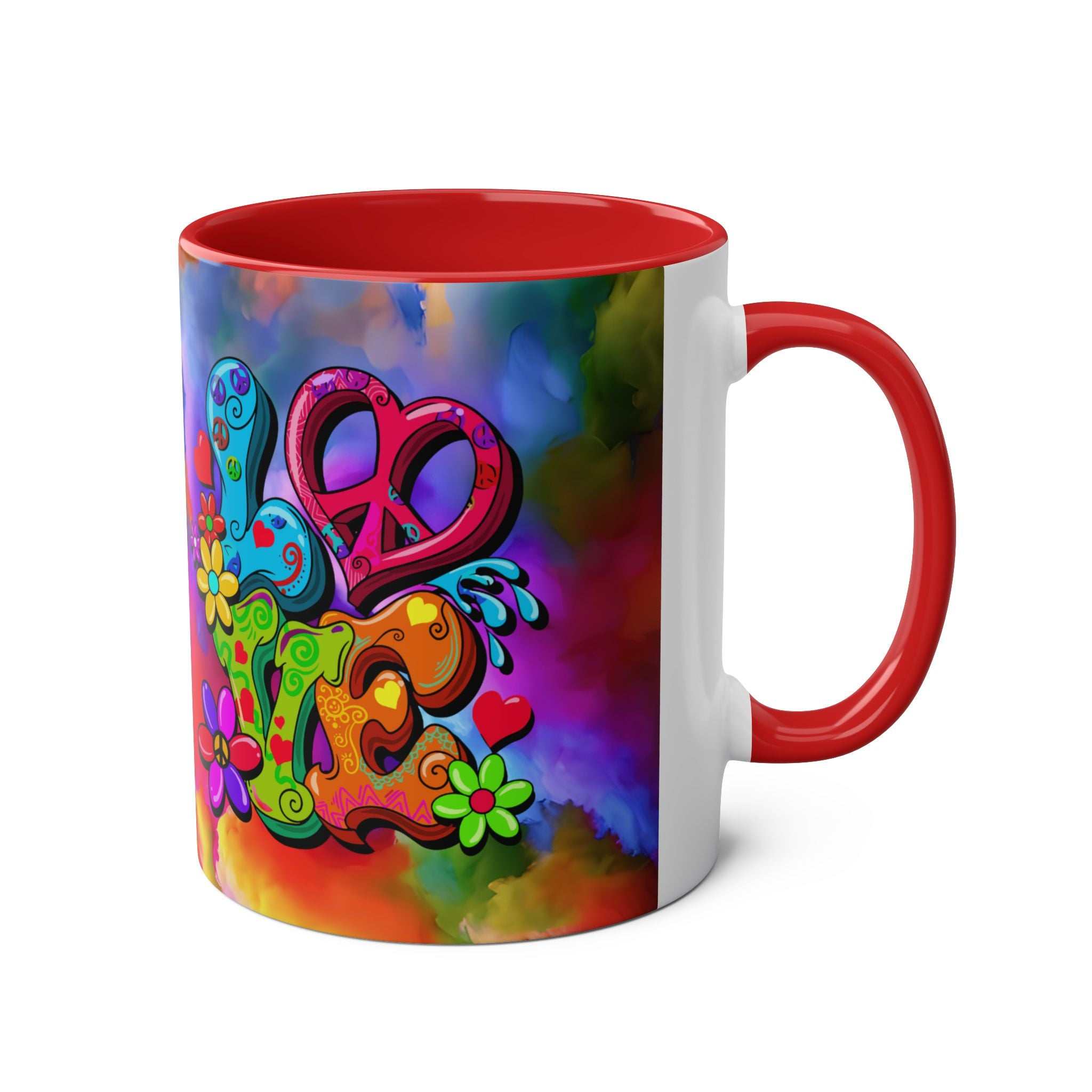 Vibrant rainbow LGBTQ+ Pride mug with peace and love motif, ceramic, 11oz, glossy finish.