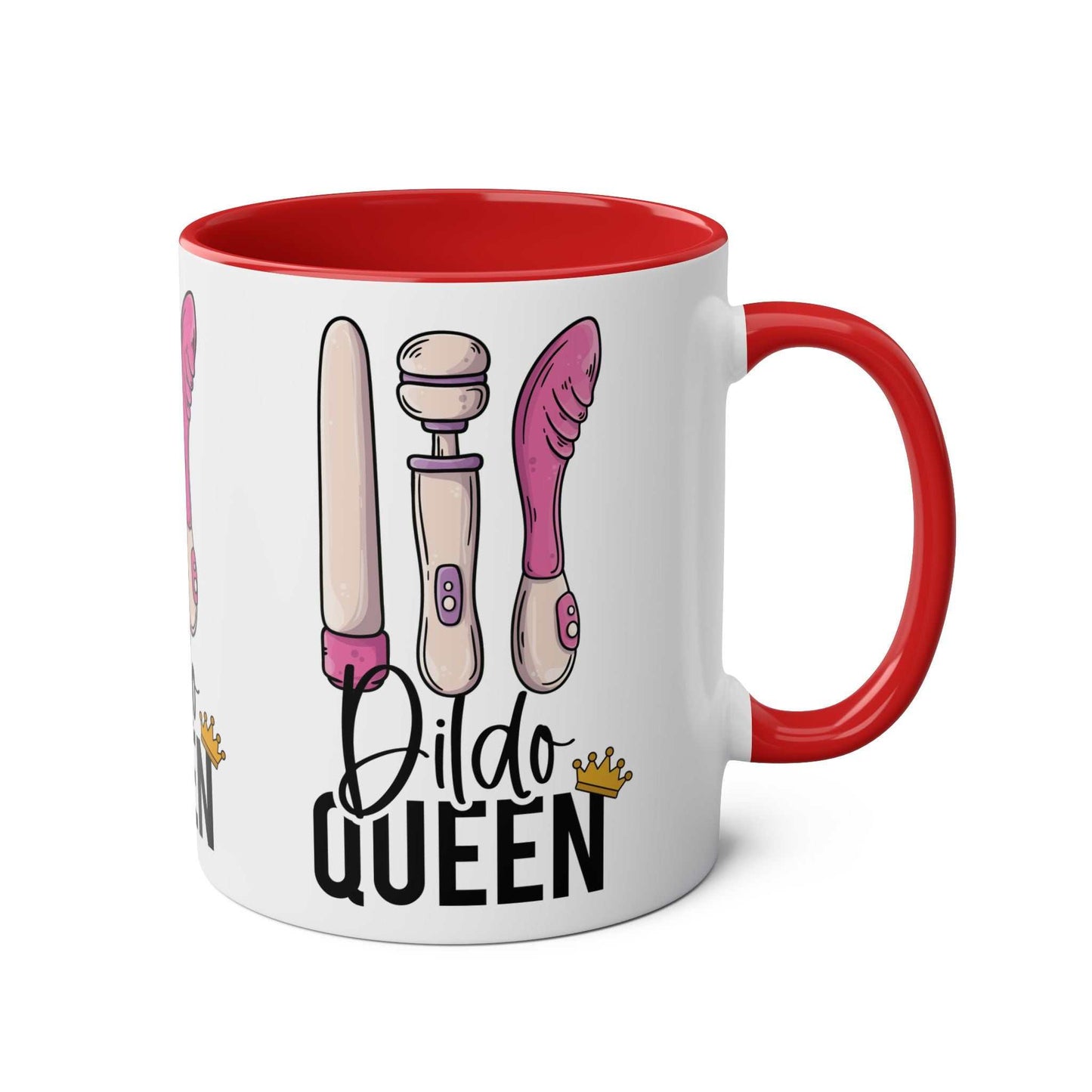 Dildo Queen Coffee Mug with playful design, red handle, and interior.