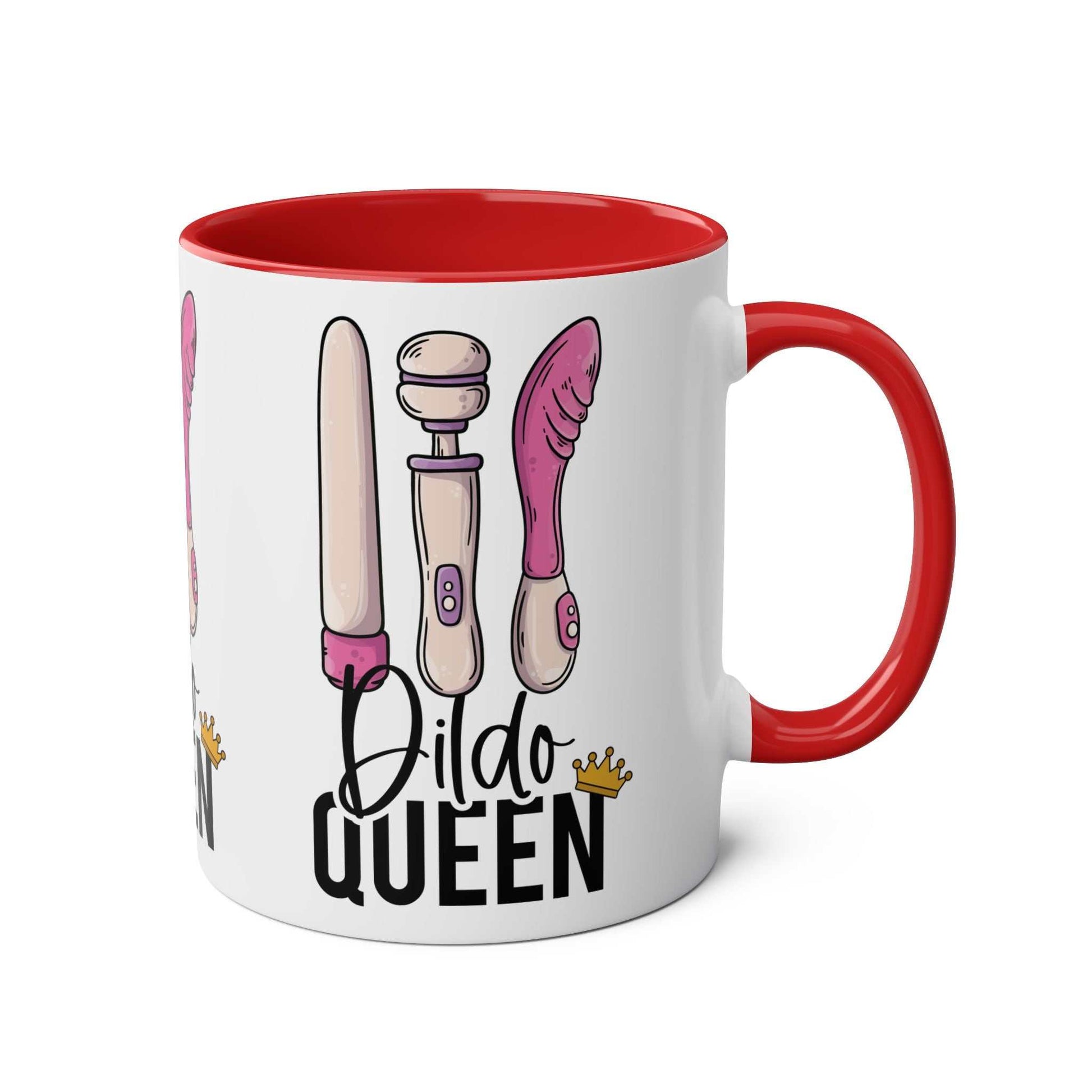 Dildo Queen Coffee Mug with playful design, red handle, and interior.