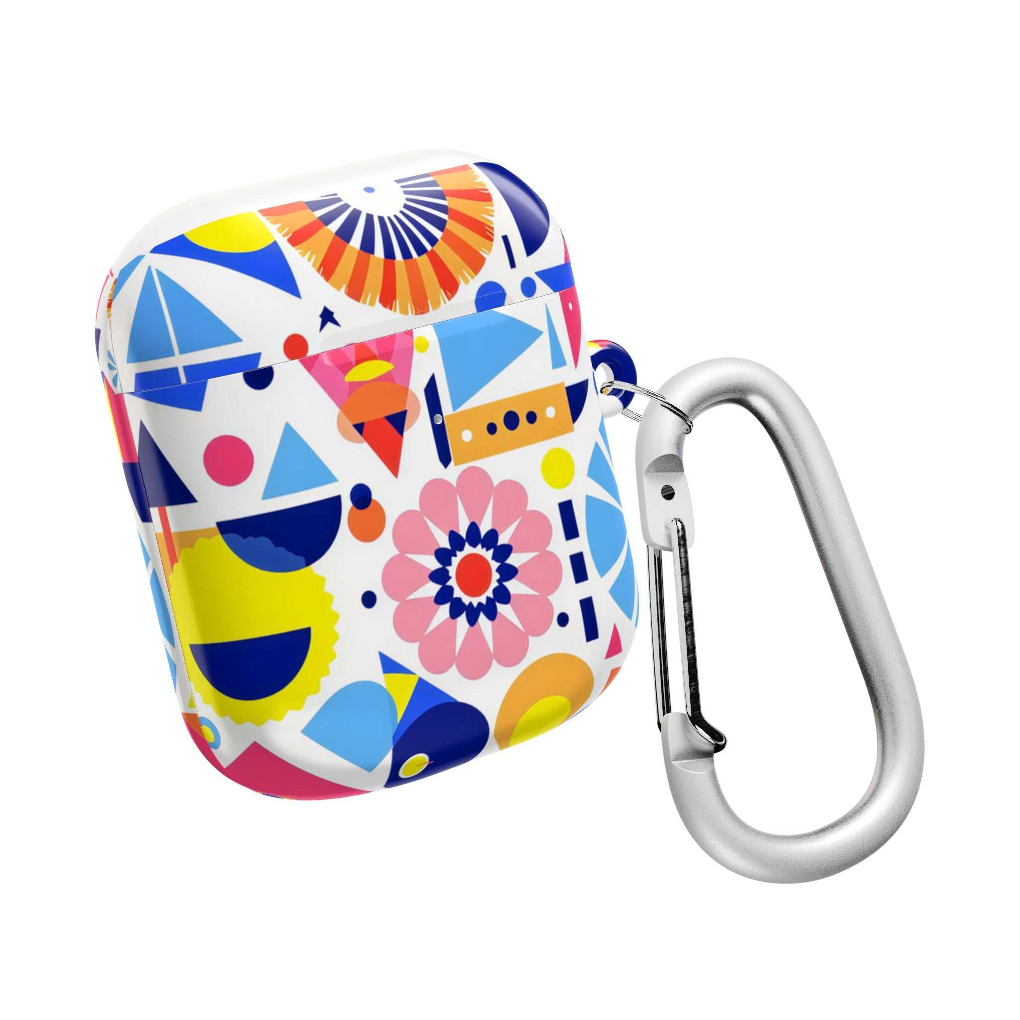 Bright geometric print protective hard shell case for AirPods with carabiner clip and glossy finish