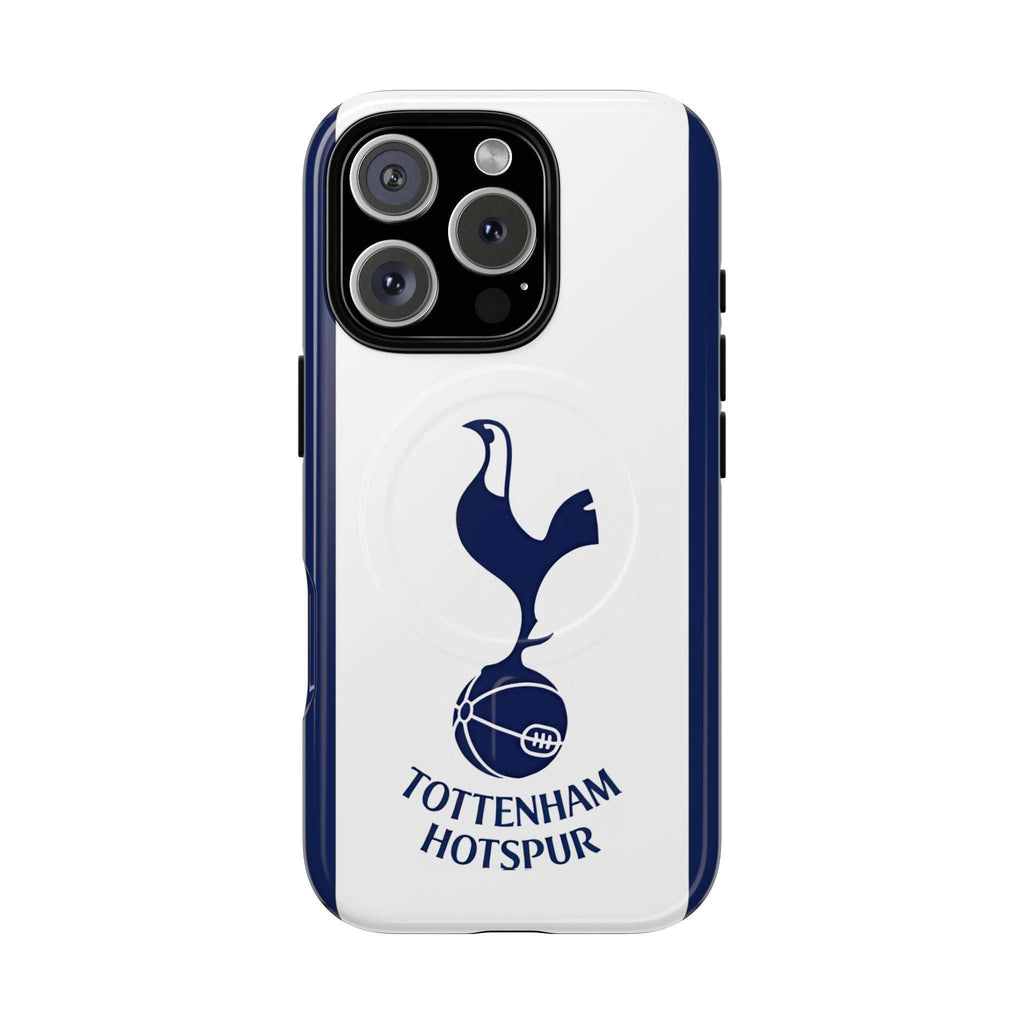 Tottenham FC MagSafe iPhone case with navy and white design, Spurs crest, dual-layer protection, and wireless charging compatibility