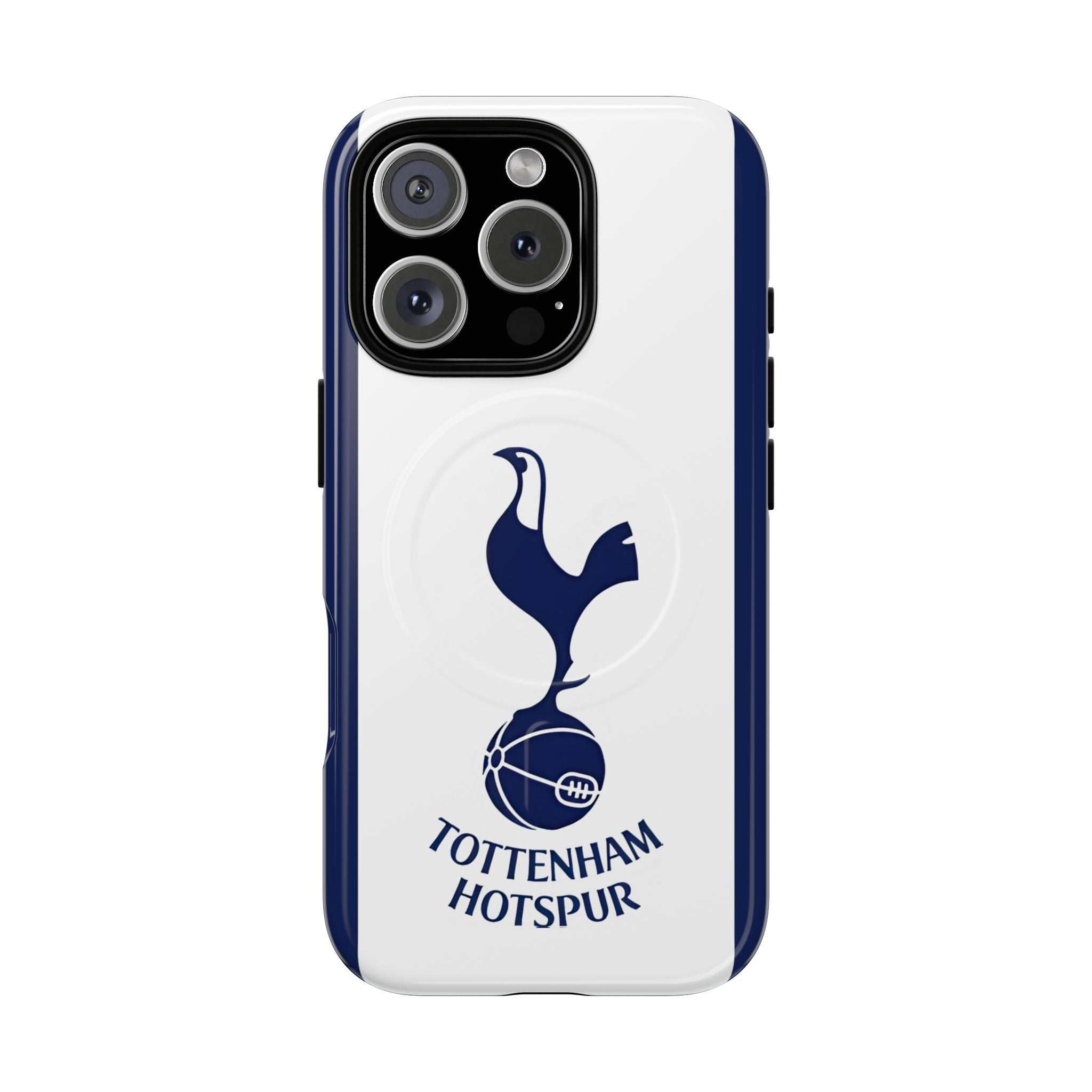 Tottenham FC MagSafe iPhone case with navy and white design, Spurs crest, dual-layer protection, and wireless charging compatibility