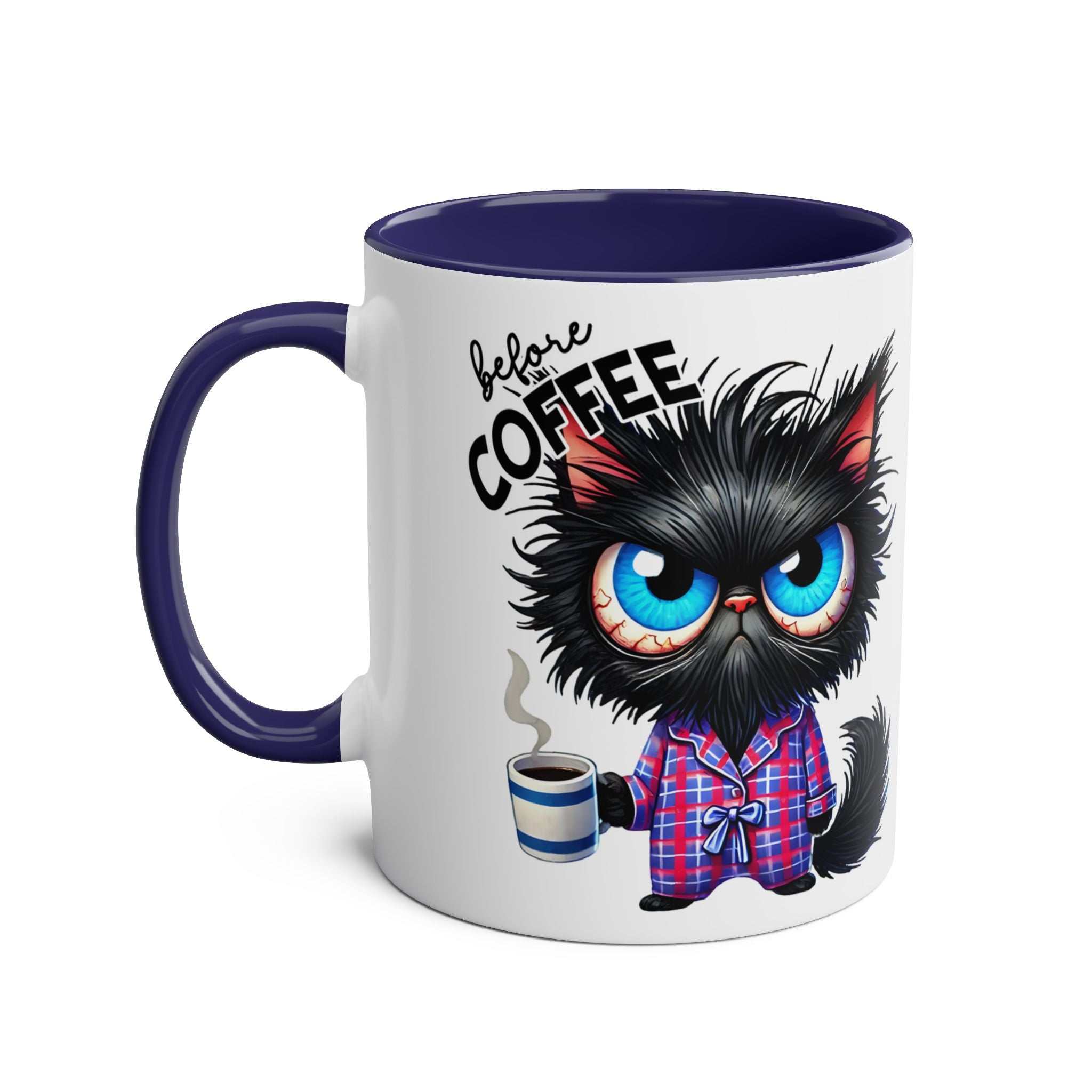 Fun Sarcastic Coffee Mug with a humorous cat design and "before coffee" text, glossy finish, blue handle, 11oz size.