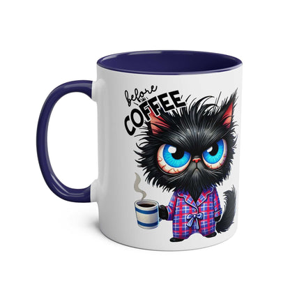 Fun Sarcastic Coffee Mug with a humorous cat design and "before coffee" text, glossy finish, blue handle, 11oz size.