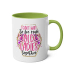 Old Ladies Coffee Mug with fun design, green handle, available in 7 colors, 11oz ceramic, microwave and dishwasher safe.