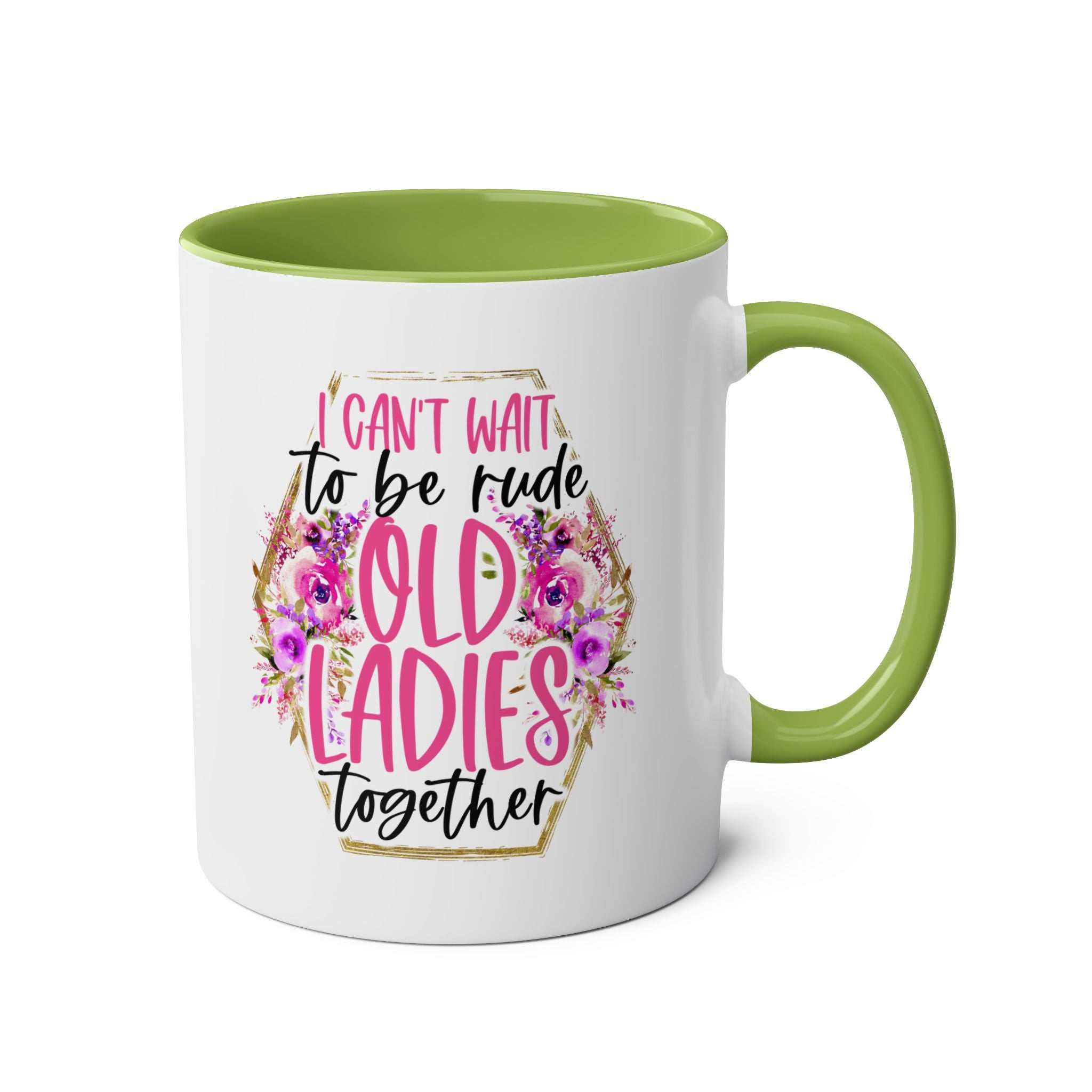 Old Ladies Coffee Mug with fun design, green handle, available in 7 colors, 11oz ceramic, microwave and dishwasher safe.