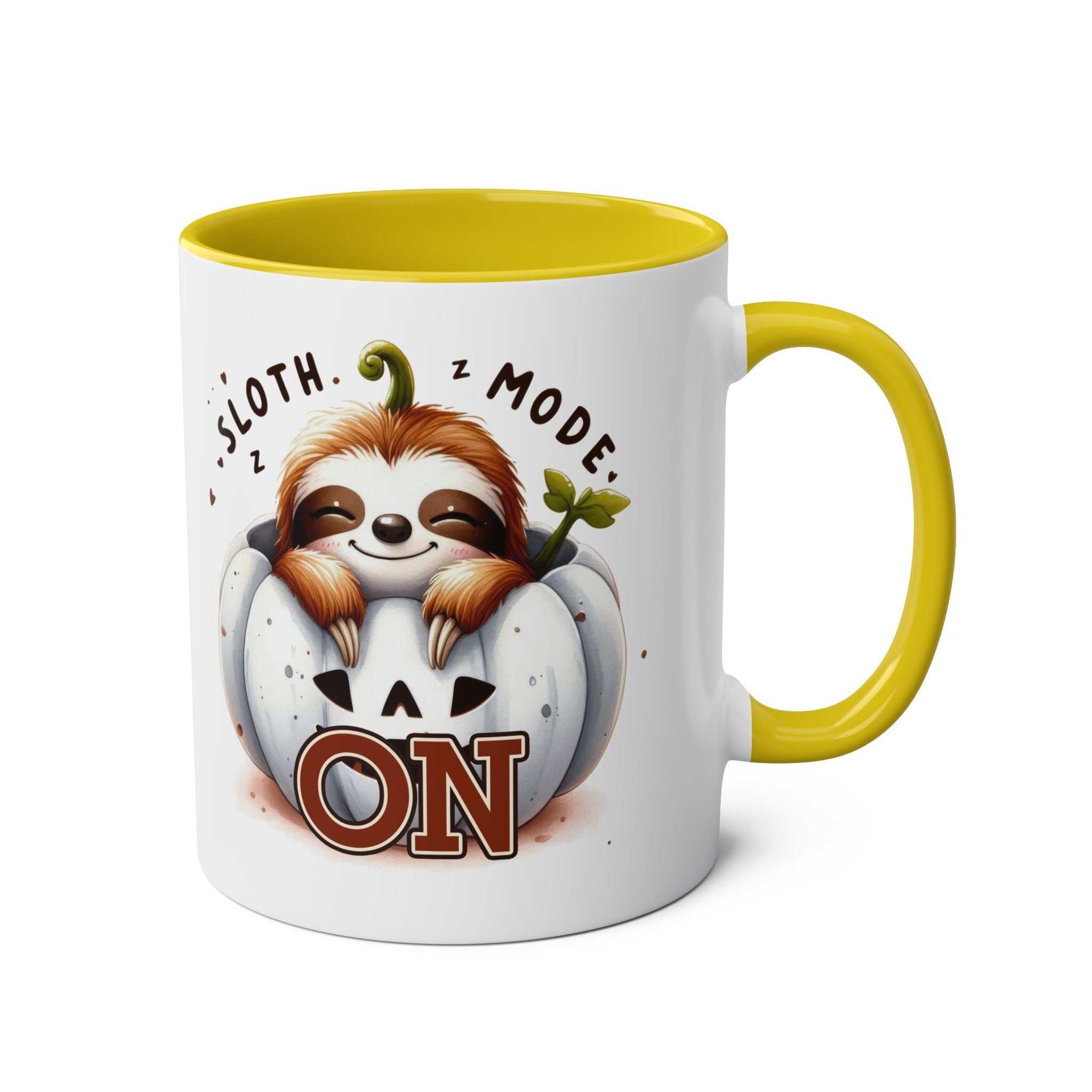 Cute sloth coffee mug with colorful handle, perfect for animal lovers.