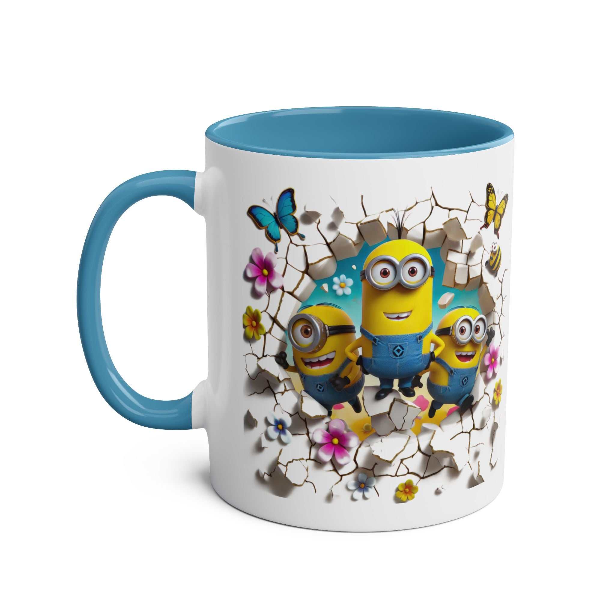 Fun Minion themed coffee mug with colorful Minion design, featuring 11oz ceramic and glossy finish.