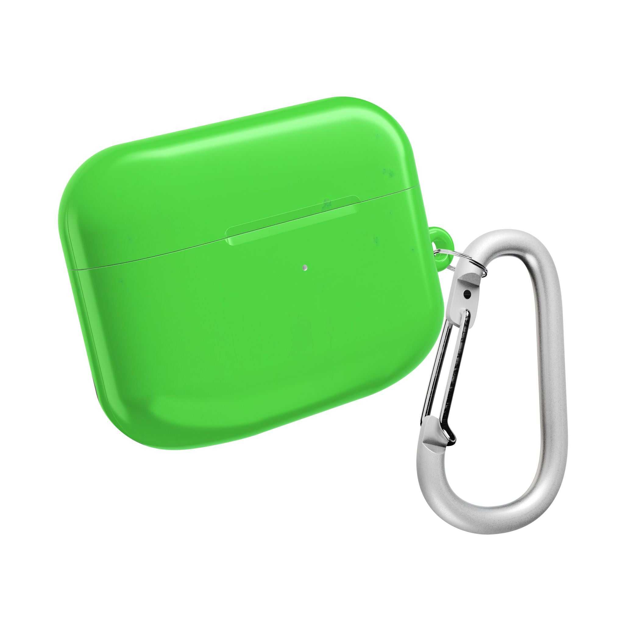 Lime green hard shell AirPods protective case with carabiner clip and glossy finish