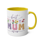 Best Mum Ever Mother's Day gift mug with colorful floral design, yellow handle, 11oz ceramic, dishwasher safe.