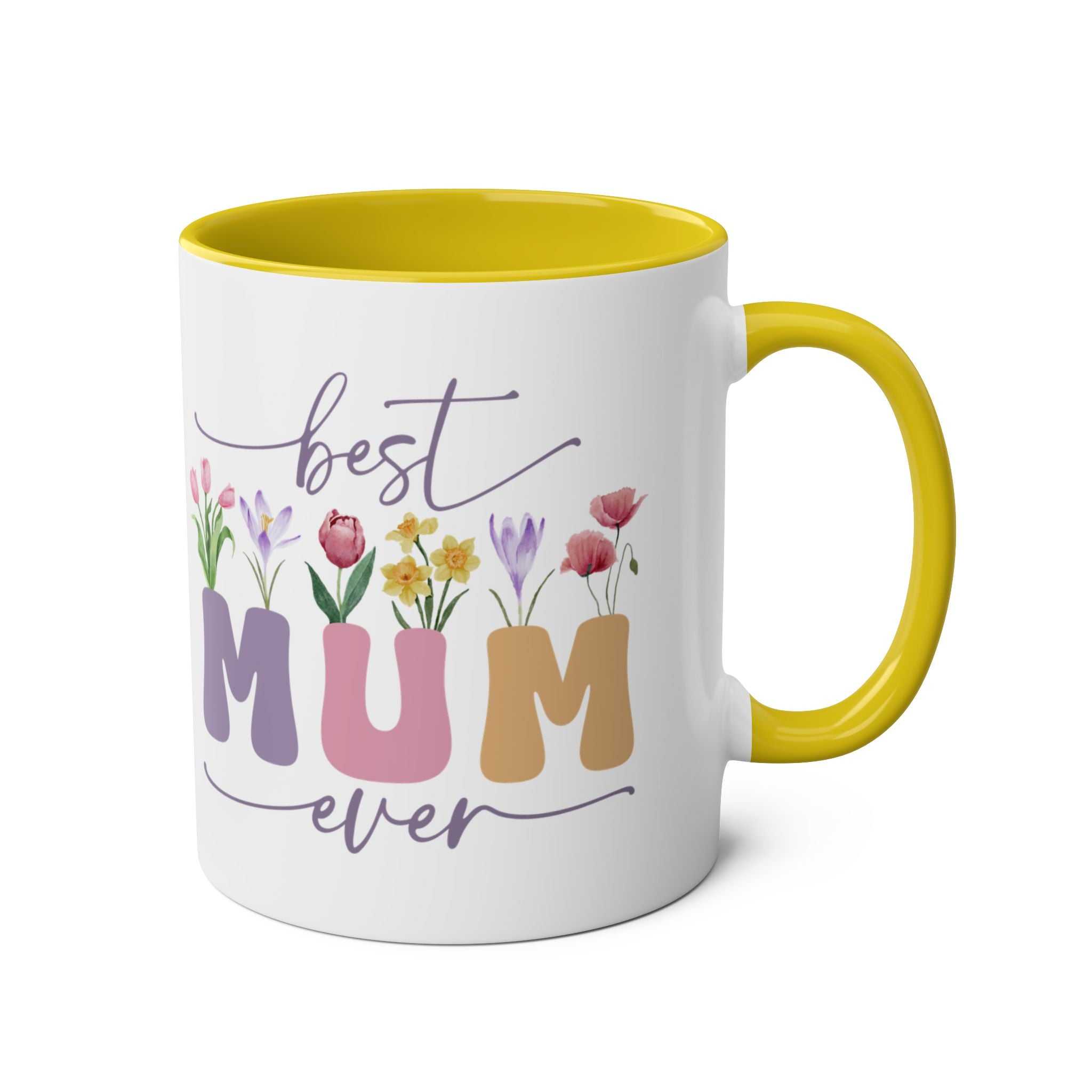 Best Mum Ever Mother's Day gift mug with colorful floral design, yellow handle, 11oz ceramic, dishwasher safe.