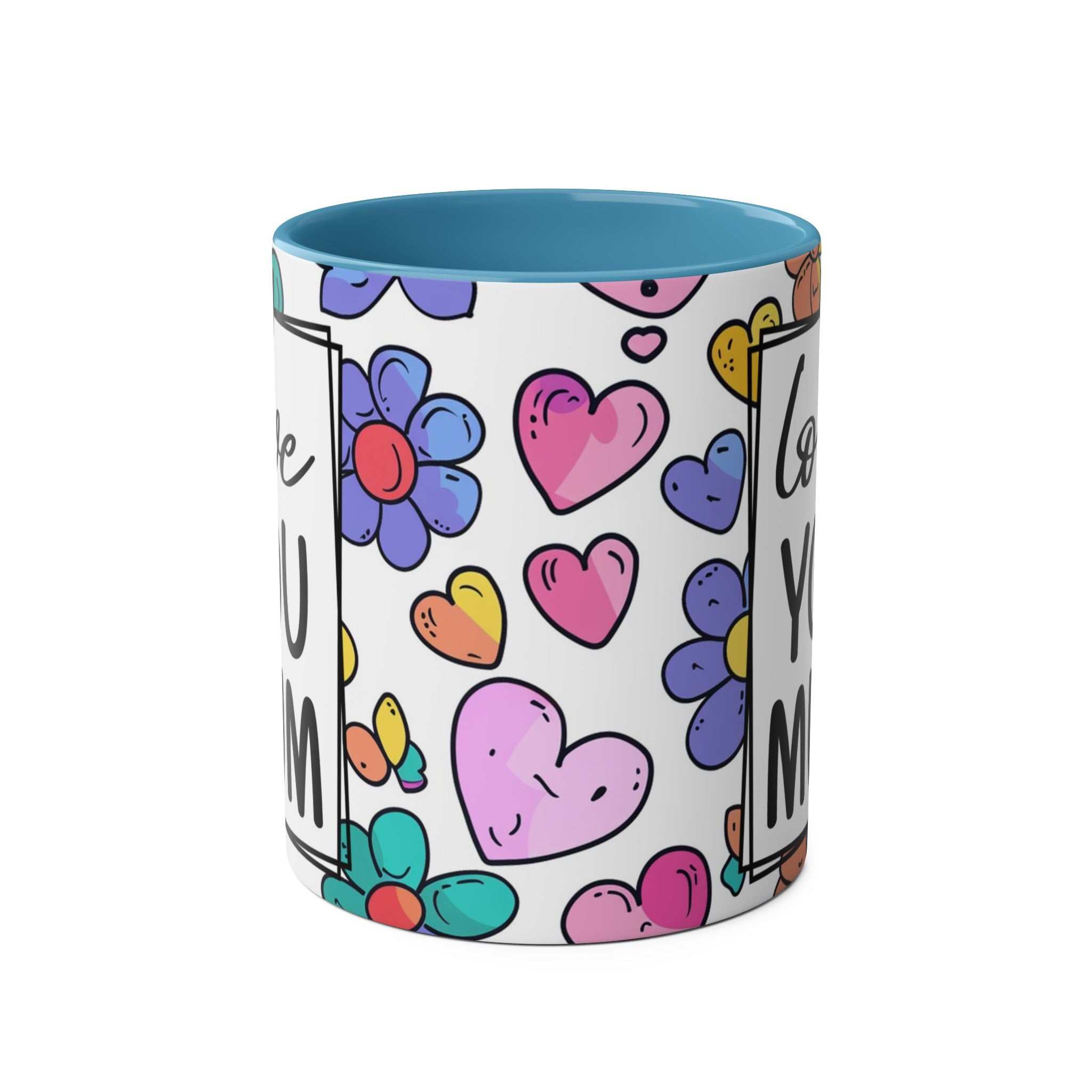 Love You Mum Floral Mug with floral heart design and heartfelt message, glossy 11oz ceramic, microwave and dishwasher safe