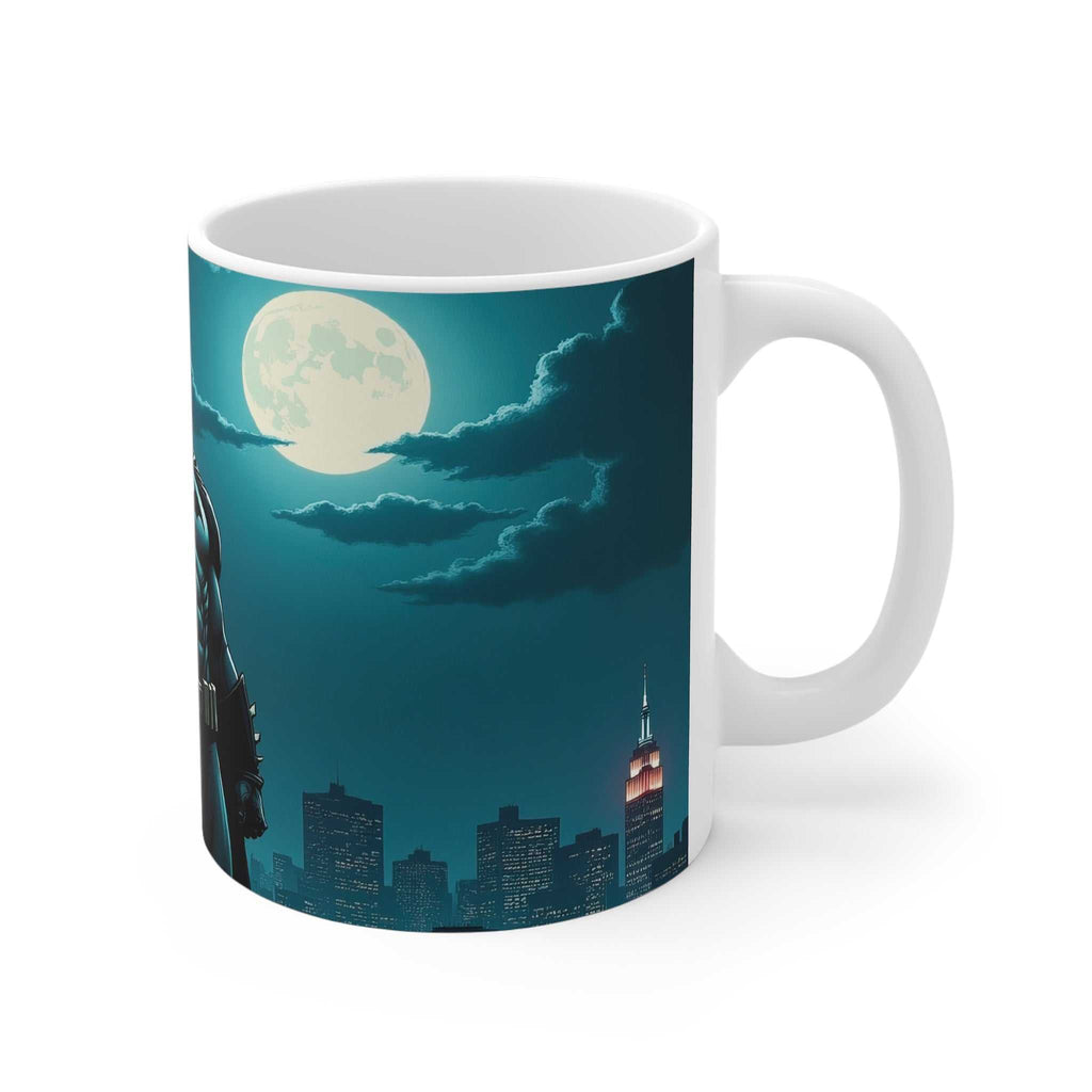 White ceramic Batman inspired dark knight mug featuring Gotham city skyline and full moon design