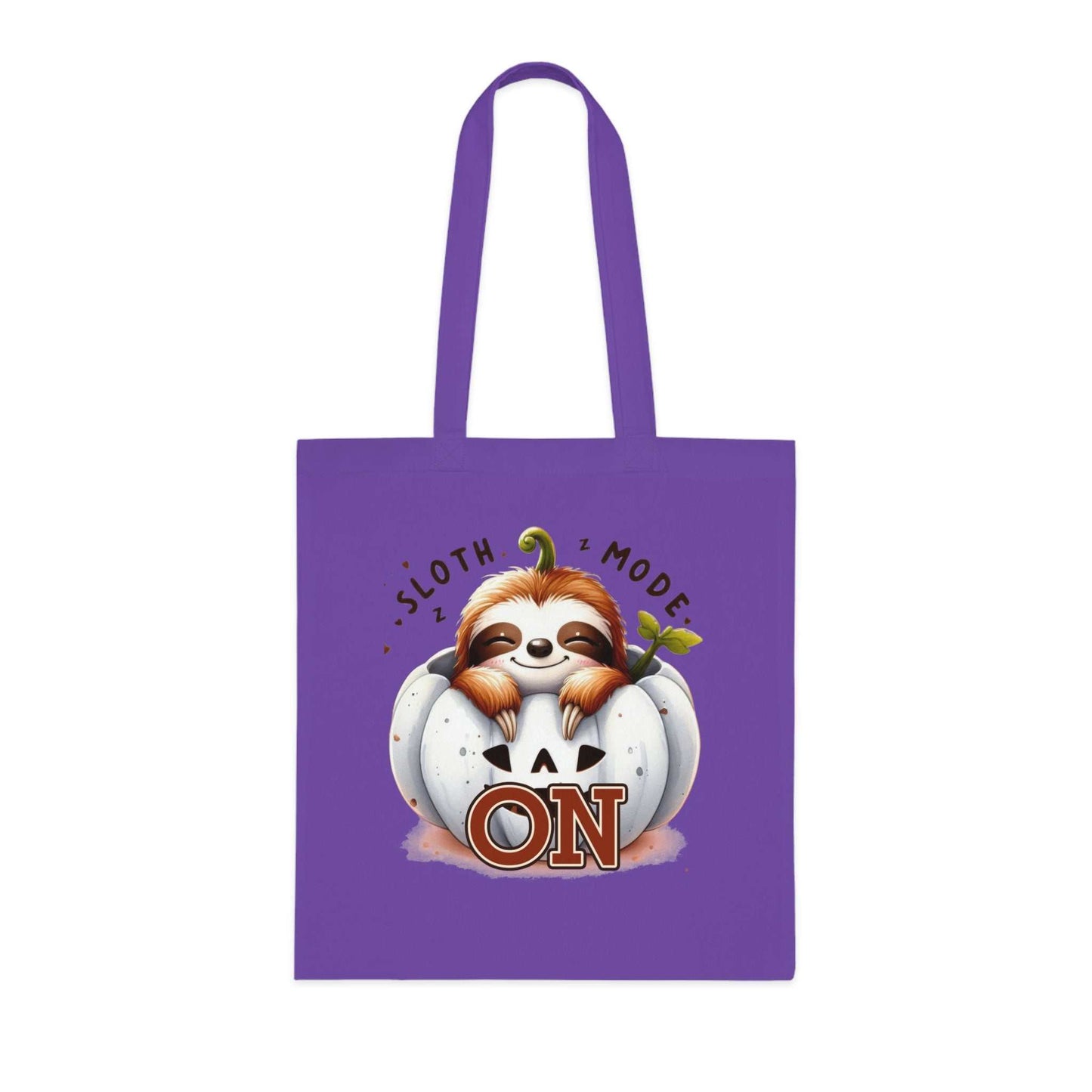 Cute sloth tote bag with vibrant design on purple cotton fabric.