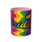 LGBTQ+ Pride mug with vibrant rainbow design and heart motif, high-quality ceramic.