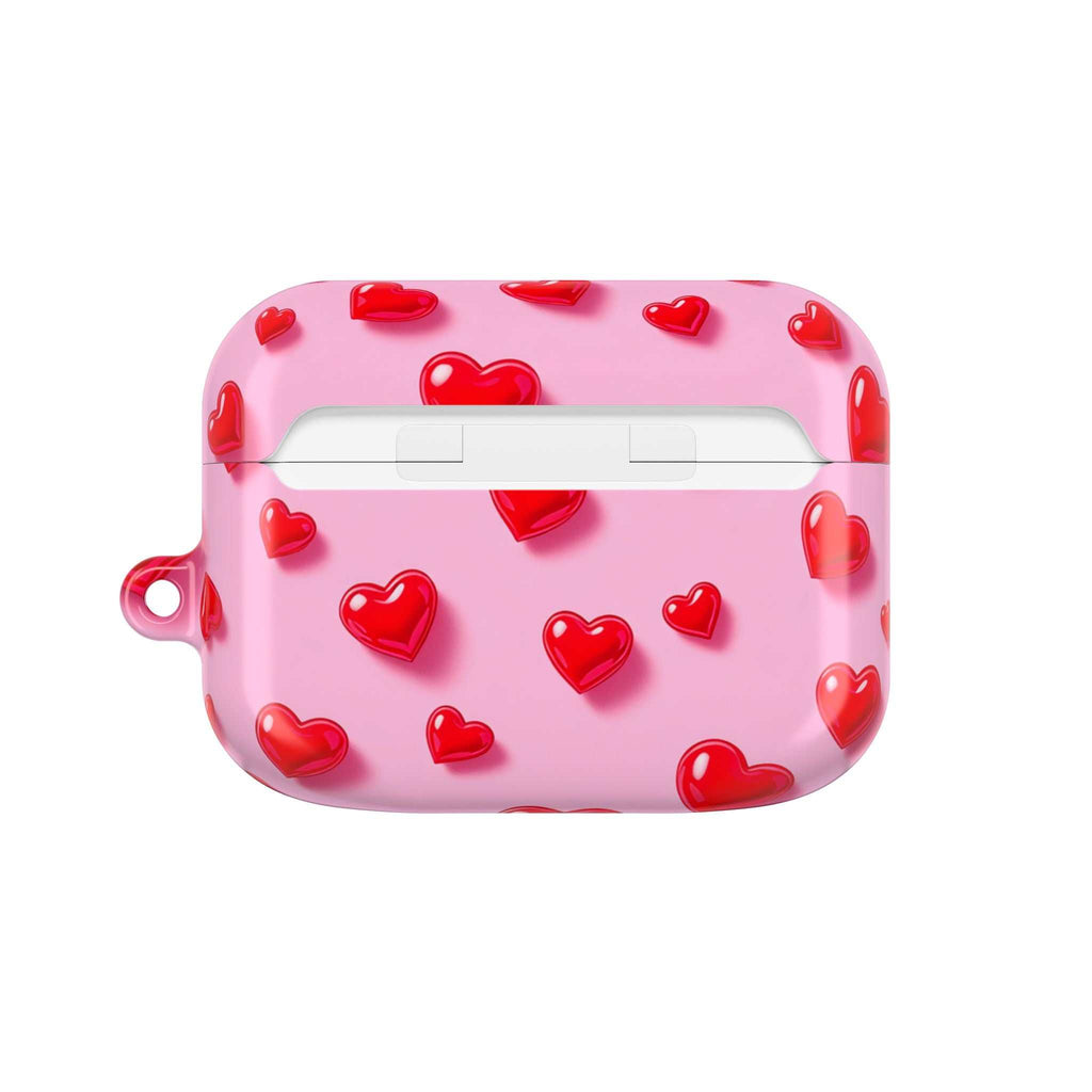 Pink Hearts AirPods protective hard shell case with vibrant red heart design and glossy finish