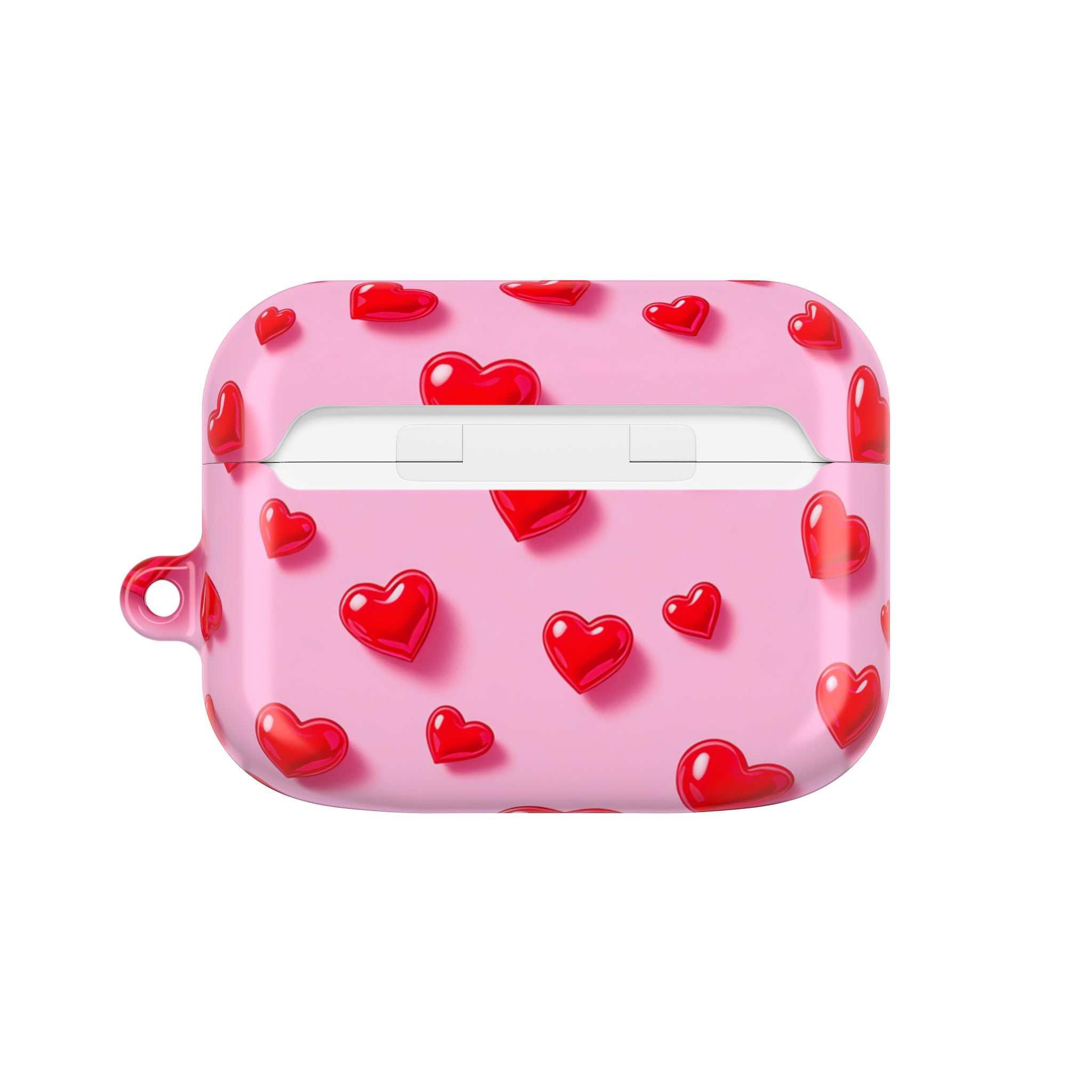Pink Hearts AirPods protective hard shell case with vibrant red heart design and glossy finish