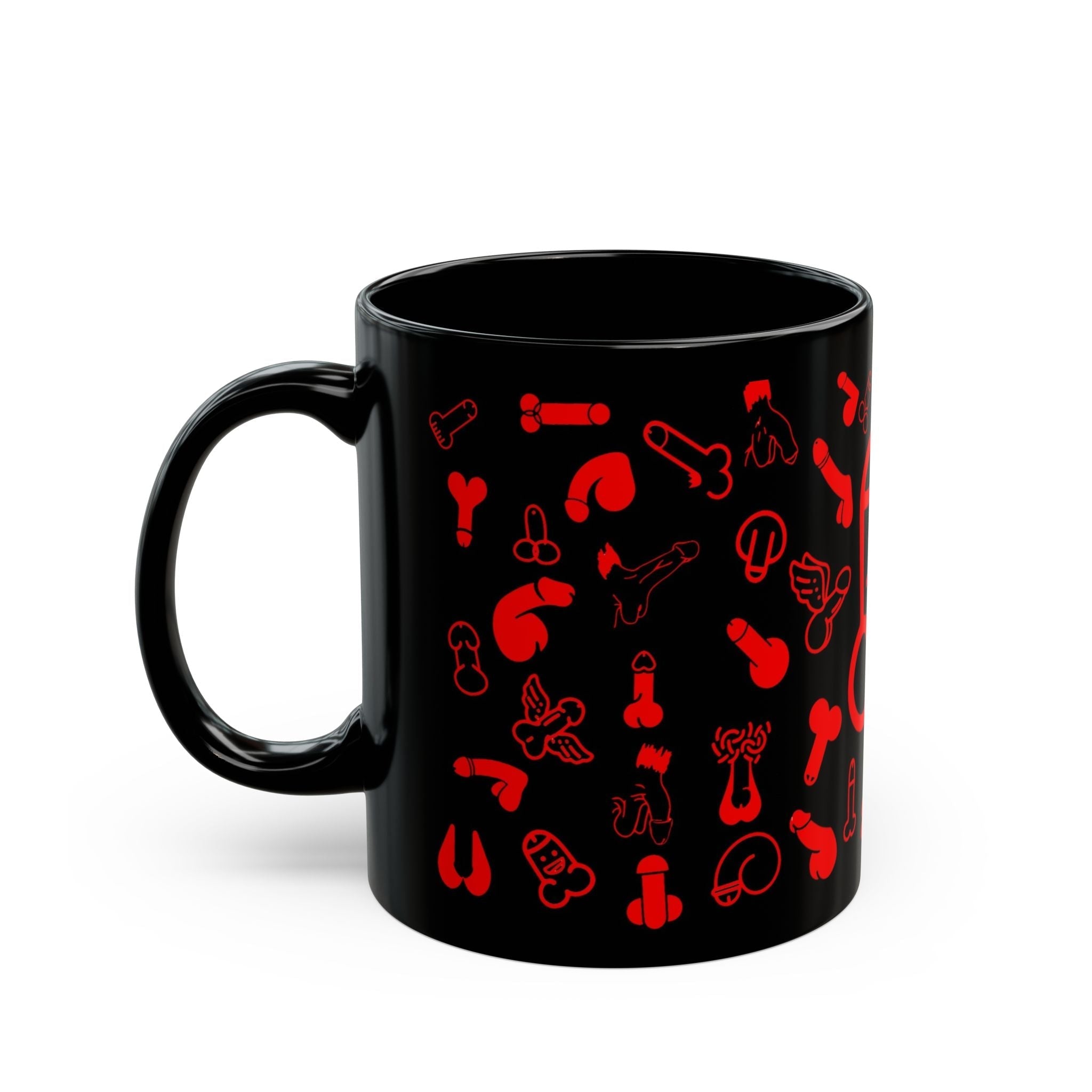 Black ceramic Cheeky Fun Red Willie Mug with playful red willie prints, glossy finish, dishwasher and microwave safe.