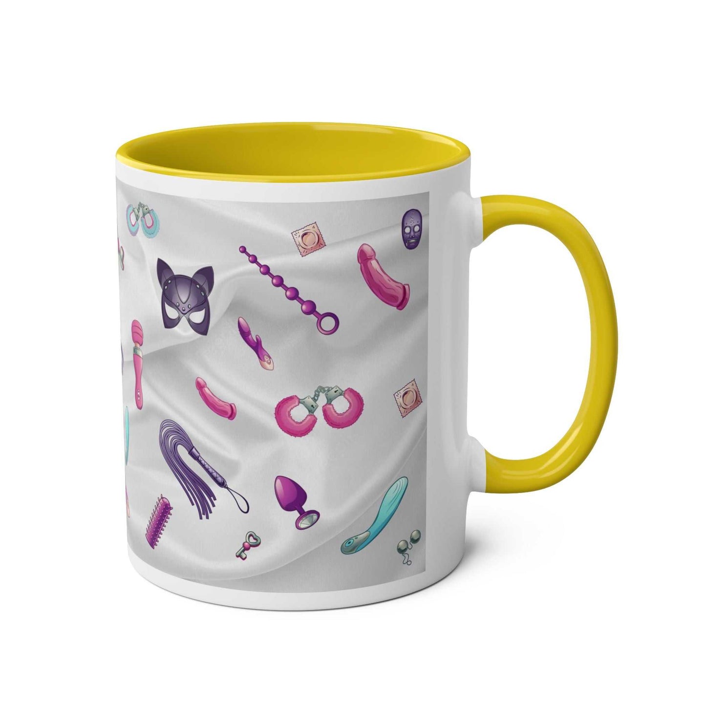 Fun Sex Toy Coffee Mug with playful erotic illustrations, yellow handle, and interior.