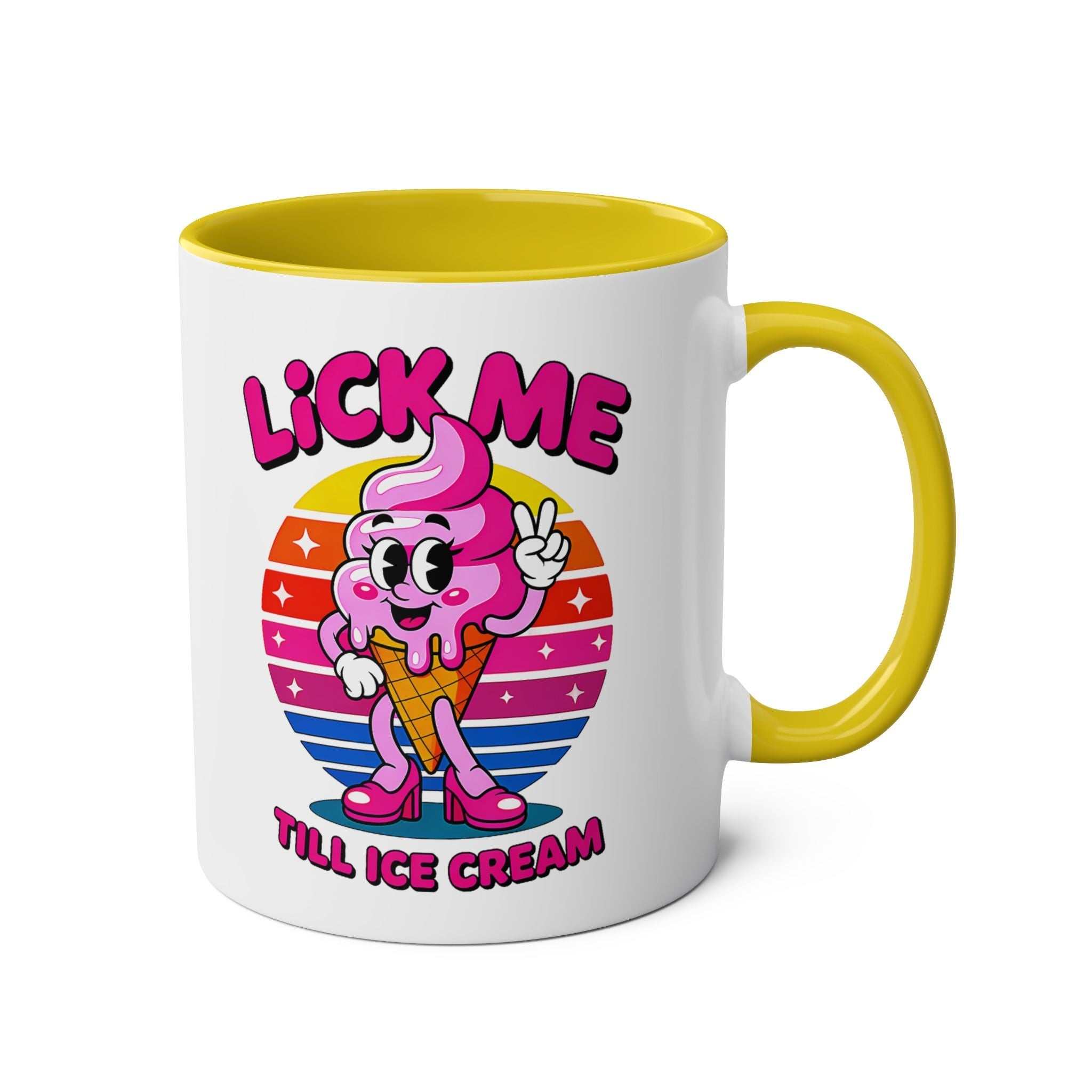 Lick Me Till Ice Cream Mug with cheeky design, vibrant sublimation print, glossy finish, 11oz ceramic two-tone, microwave and dishwasher safe