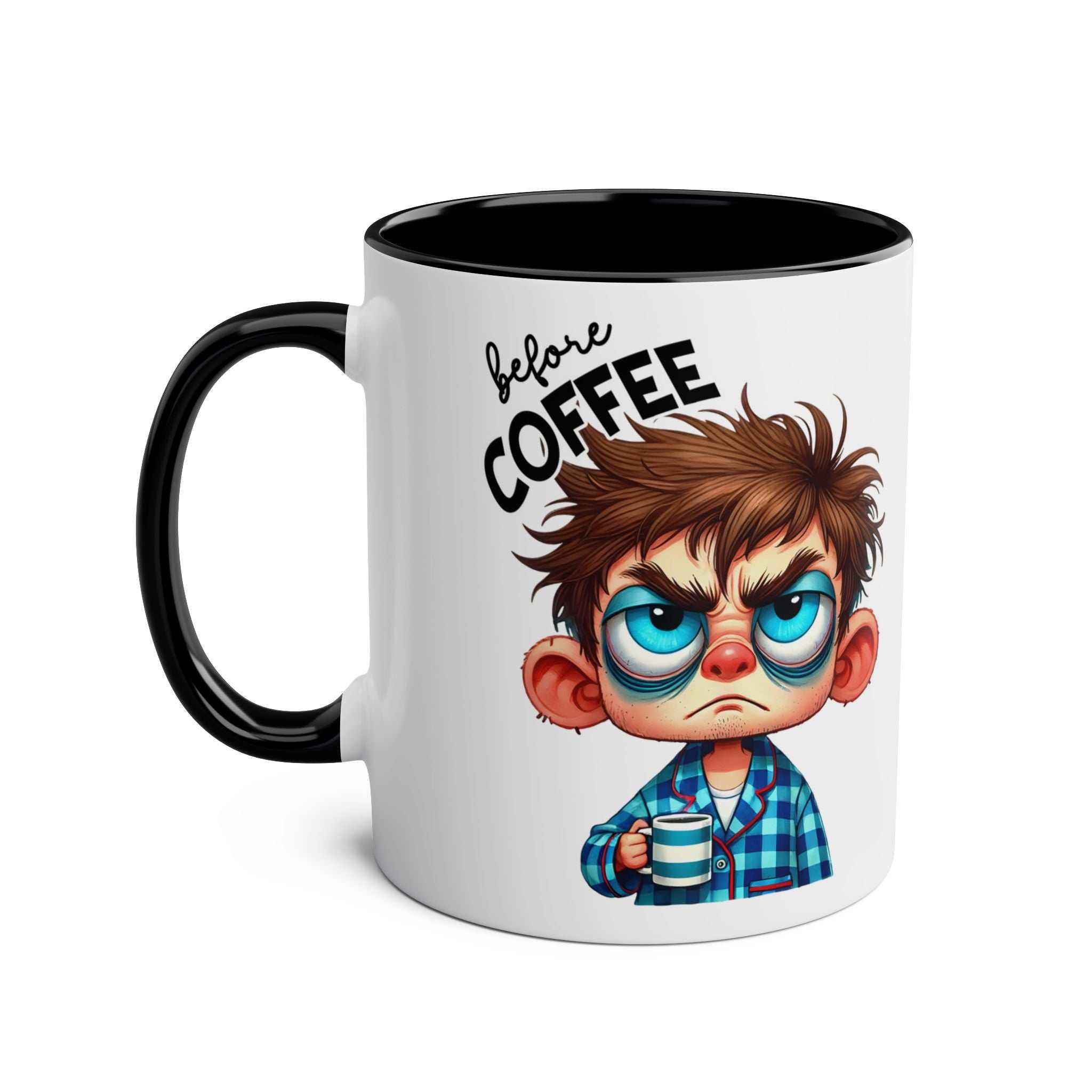 Fun sarcastic coffee mug with humorous character design.