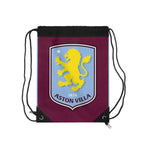 Aston Villa Drawstring Bag in claret and blue with club crest, lightweight polyester, reinforced corners, and spacious interior for sports or casual use