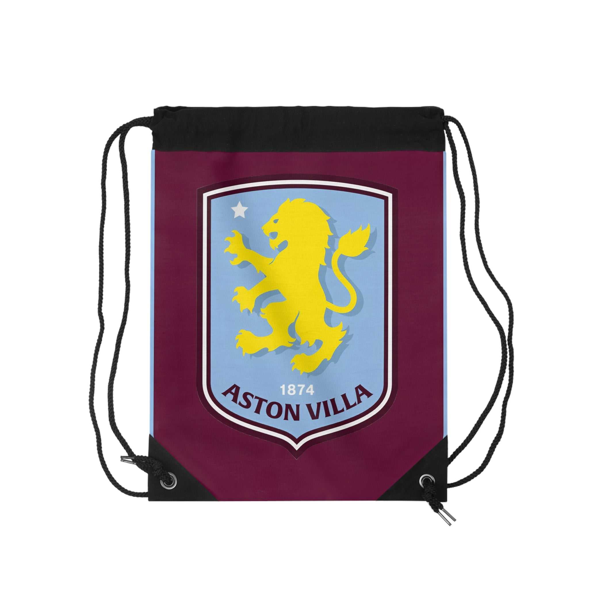Aston Villa Drawstring Bag in claret and blue with club crest, lightweight polyester, reinforced corners, and spacious interior for sports or casual use