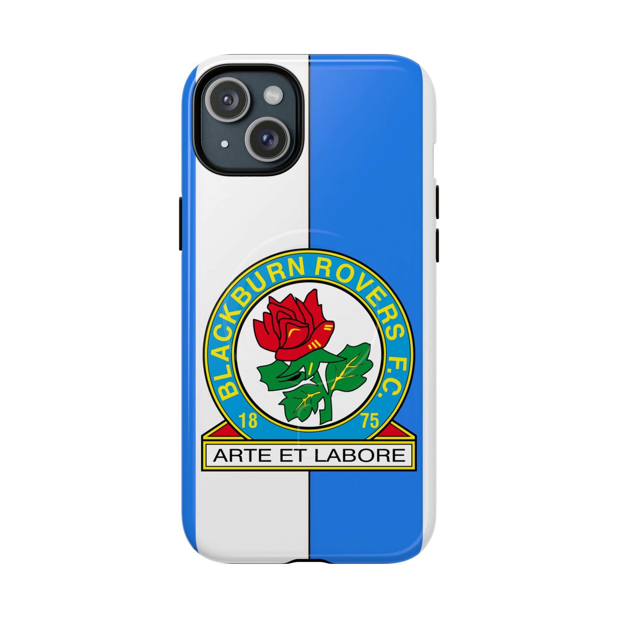 Blackburn Rovers MagSafe iPhone case with blue and white design and team crest, dual-layer protection and wireless charging compatible