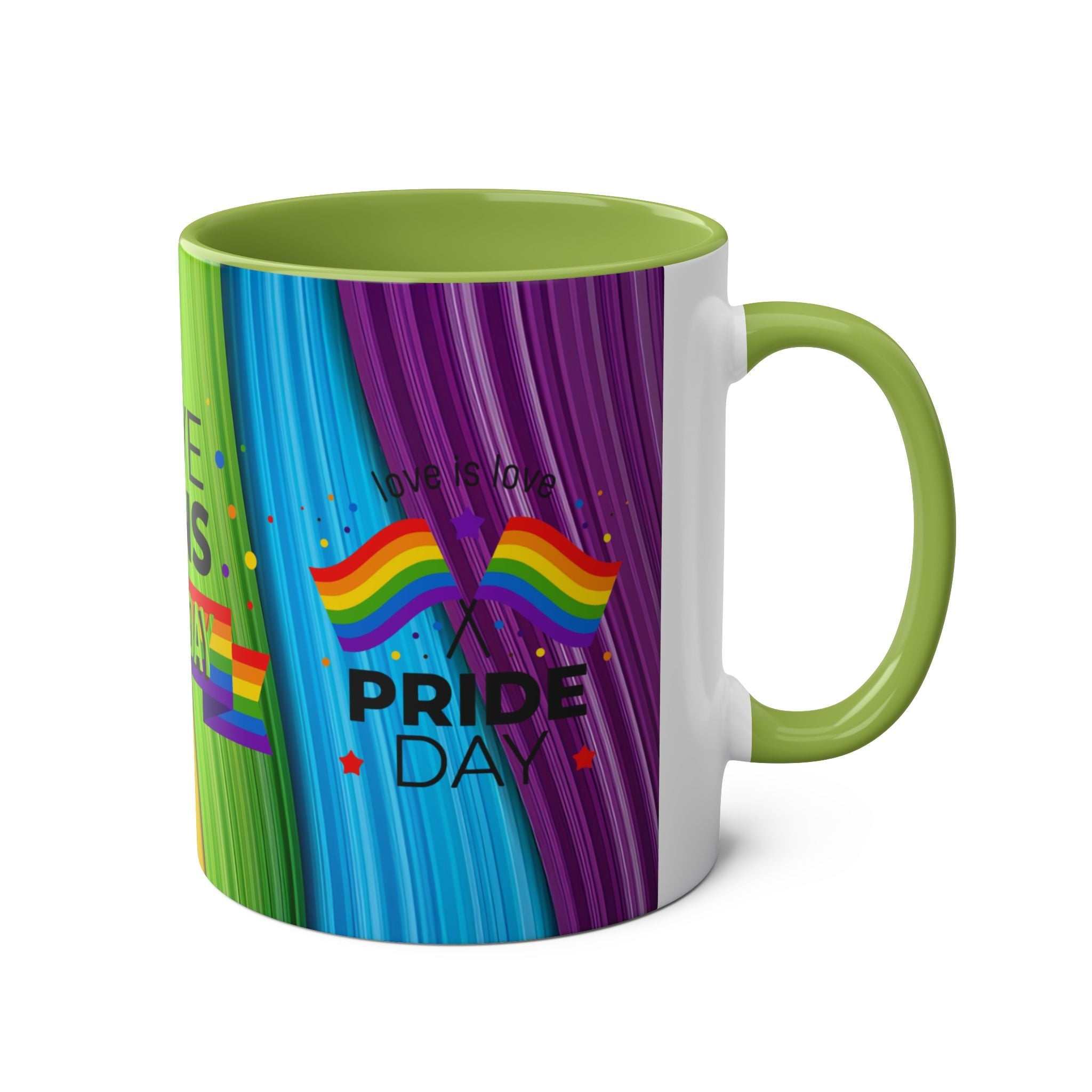 LGBTQ+ Pride mug with vibrant rainbow design and green handle.
