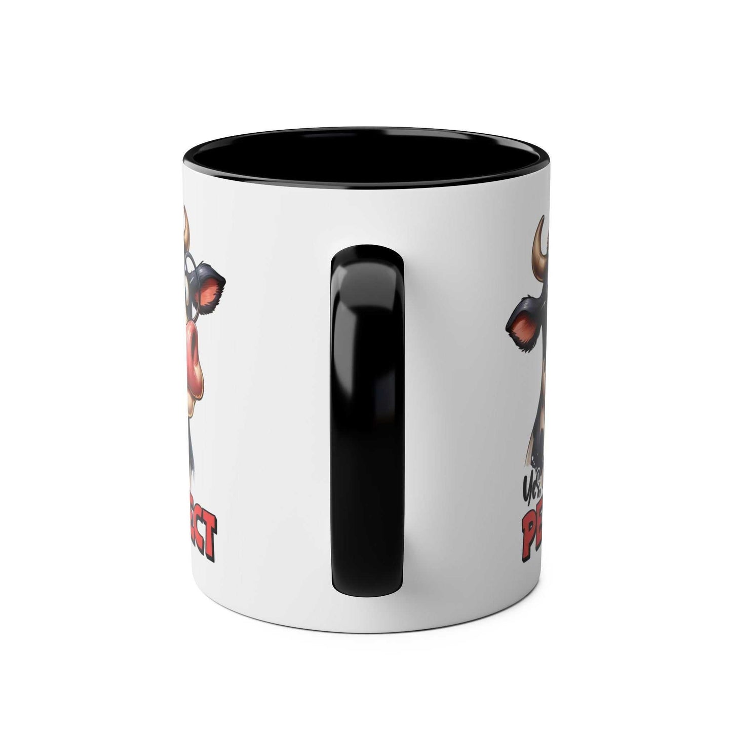 Cow design on “I Am Perfect Coffee Mug,” quirky ceramic, glossy finish, 11oz, microwave and dishwasher safe.