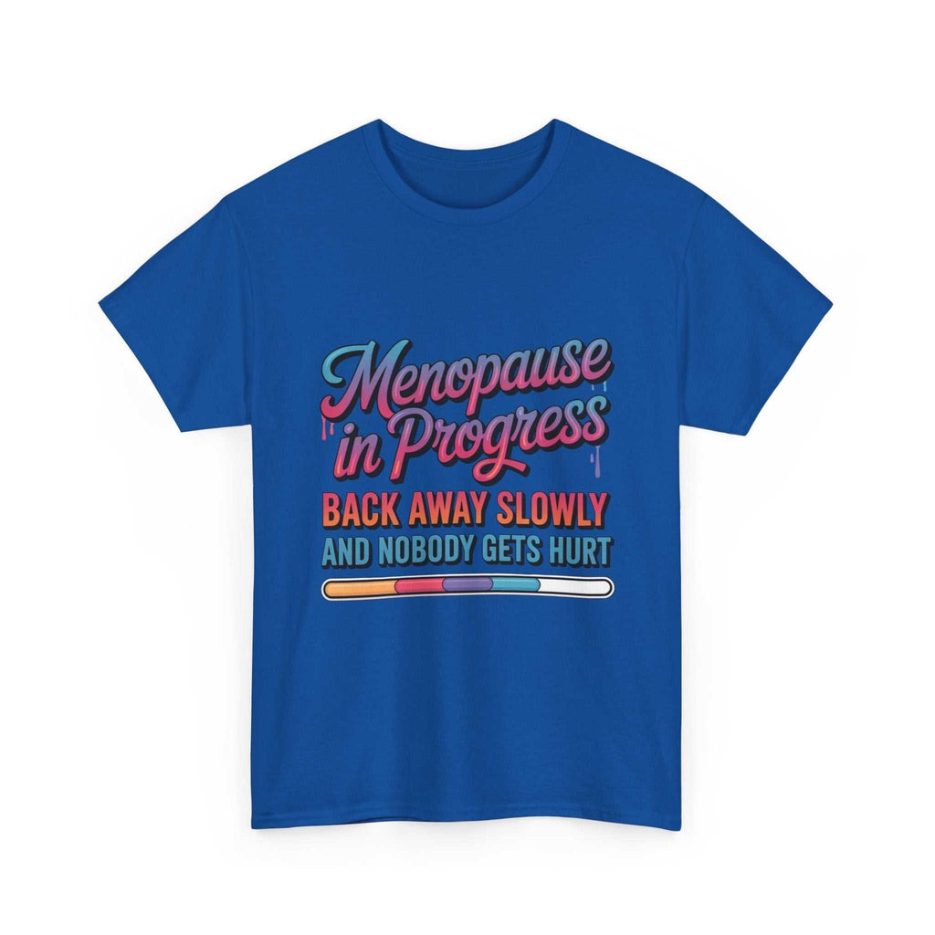 White Menopause In Progress T-Shirt with "Hot flashes loading" fiery graphic and humorous text