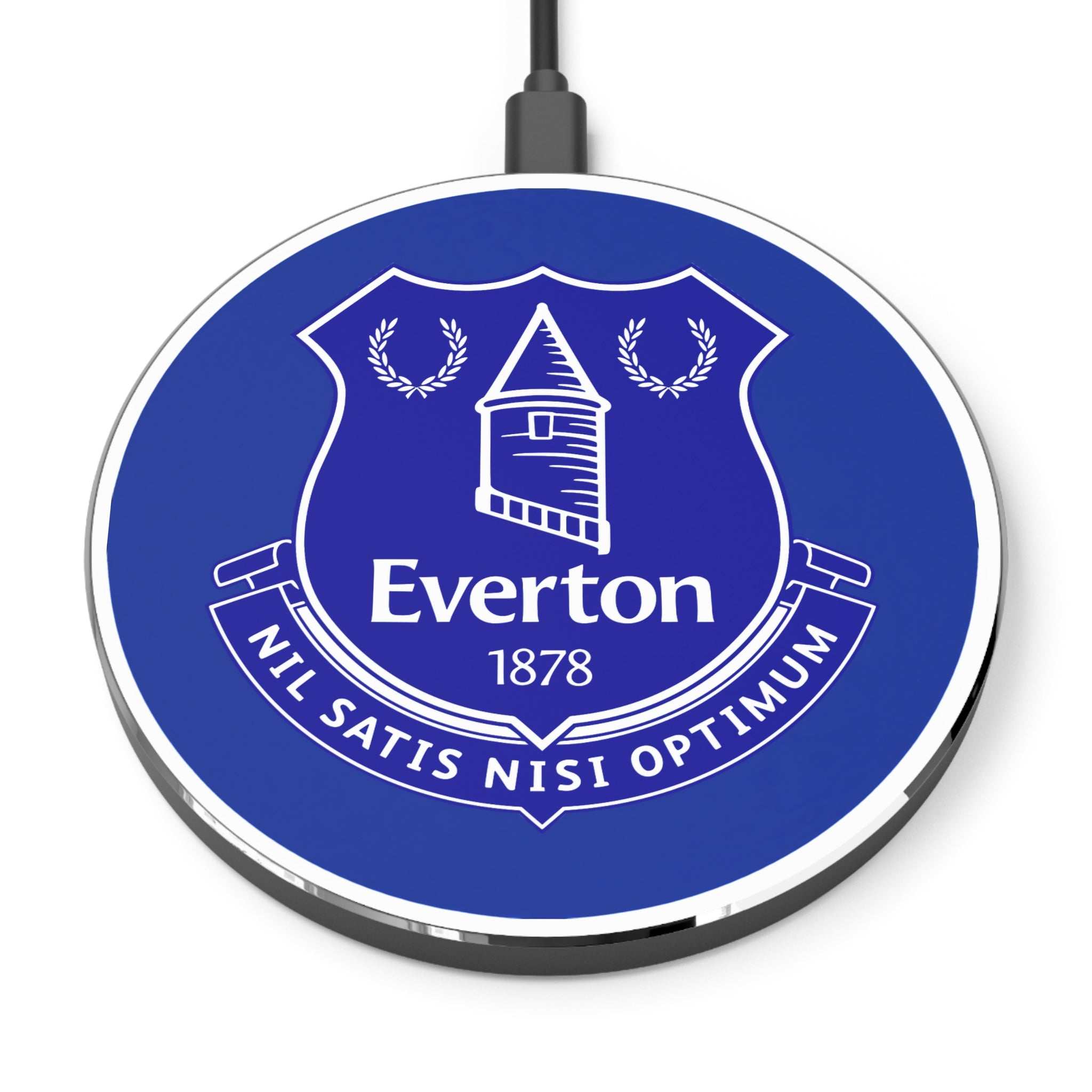 Everton FC wireless charger with 10W fast charging, blue and white club colors, durable aluminum casing, and 10cm non-slip surface for Qi-enabled phones