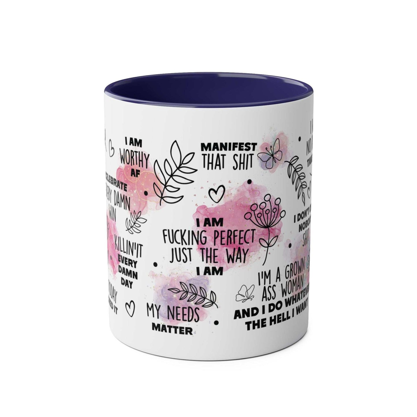 Sweary Quotes Coffee Mug with cheeky sayings, pink accents, and dark blue interior.