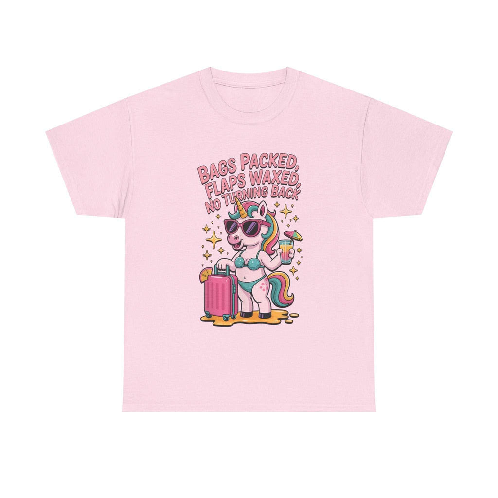 Bags Packed Flaps Waxed T-shirt featuring bold travel-themed design for girls trips and vacations