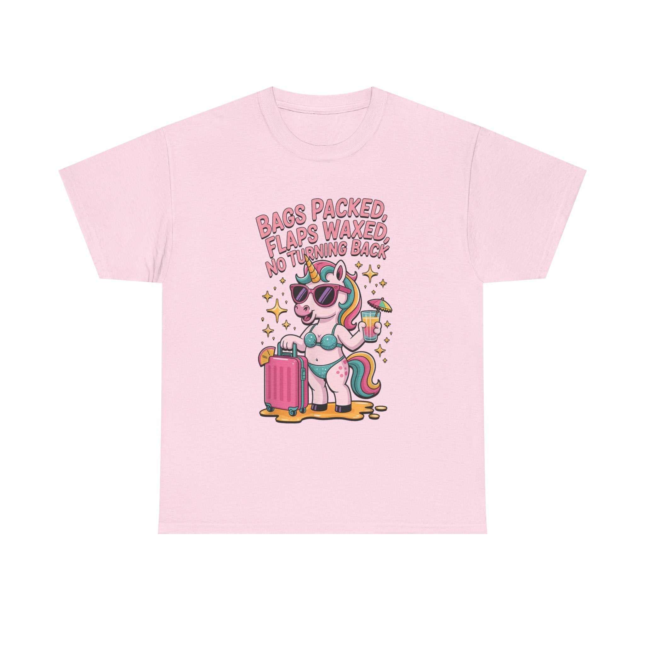 Bags Packed Flaps Waxed T-shirt featuring bold travel-themed design for girls trips and vacations