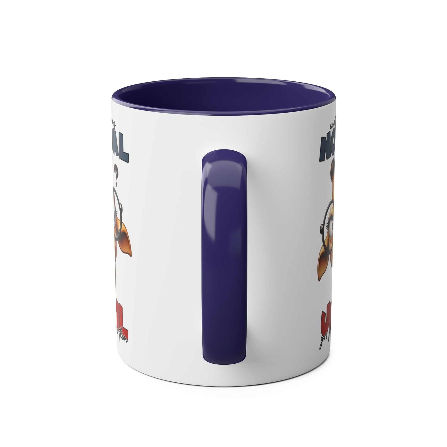 Playful giraffe design coffee mug with purple handle, ceramic, 11oz, dishwasher safe.