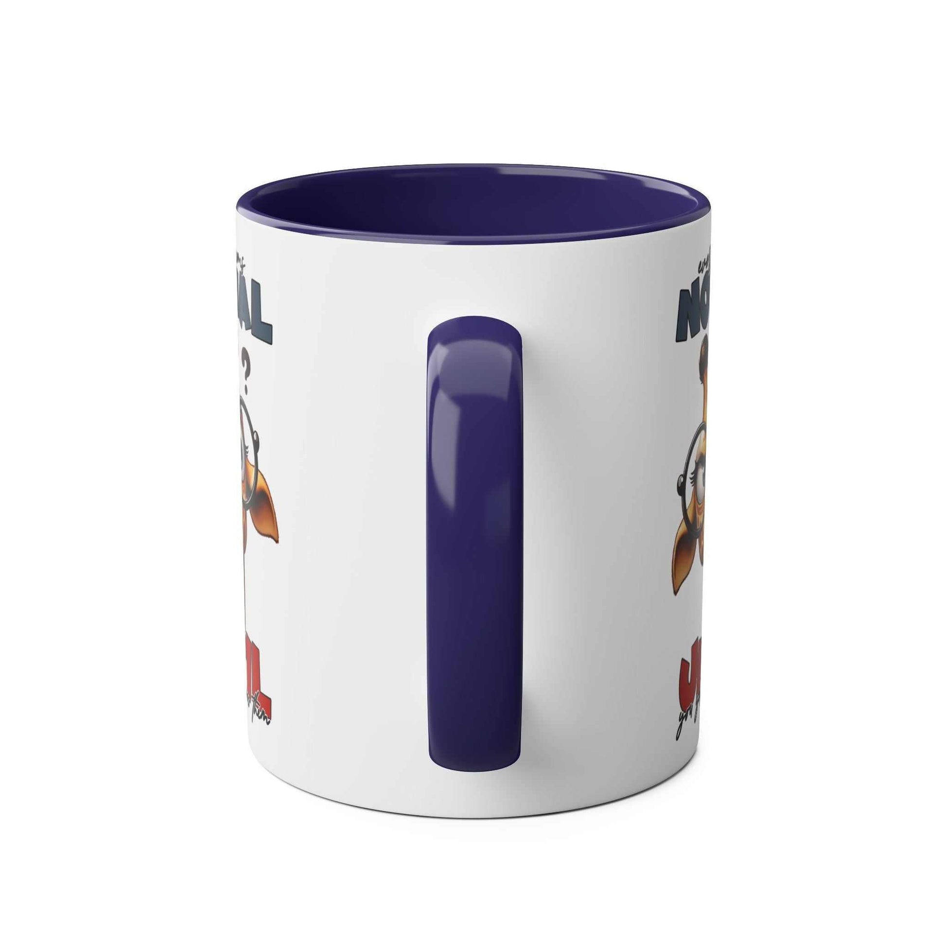 Playful giraffe design coffee mug with purple handle, ceramic, 11oz, dishwasher safe.