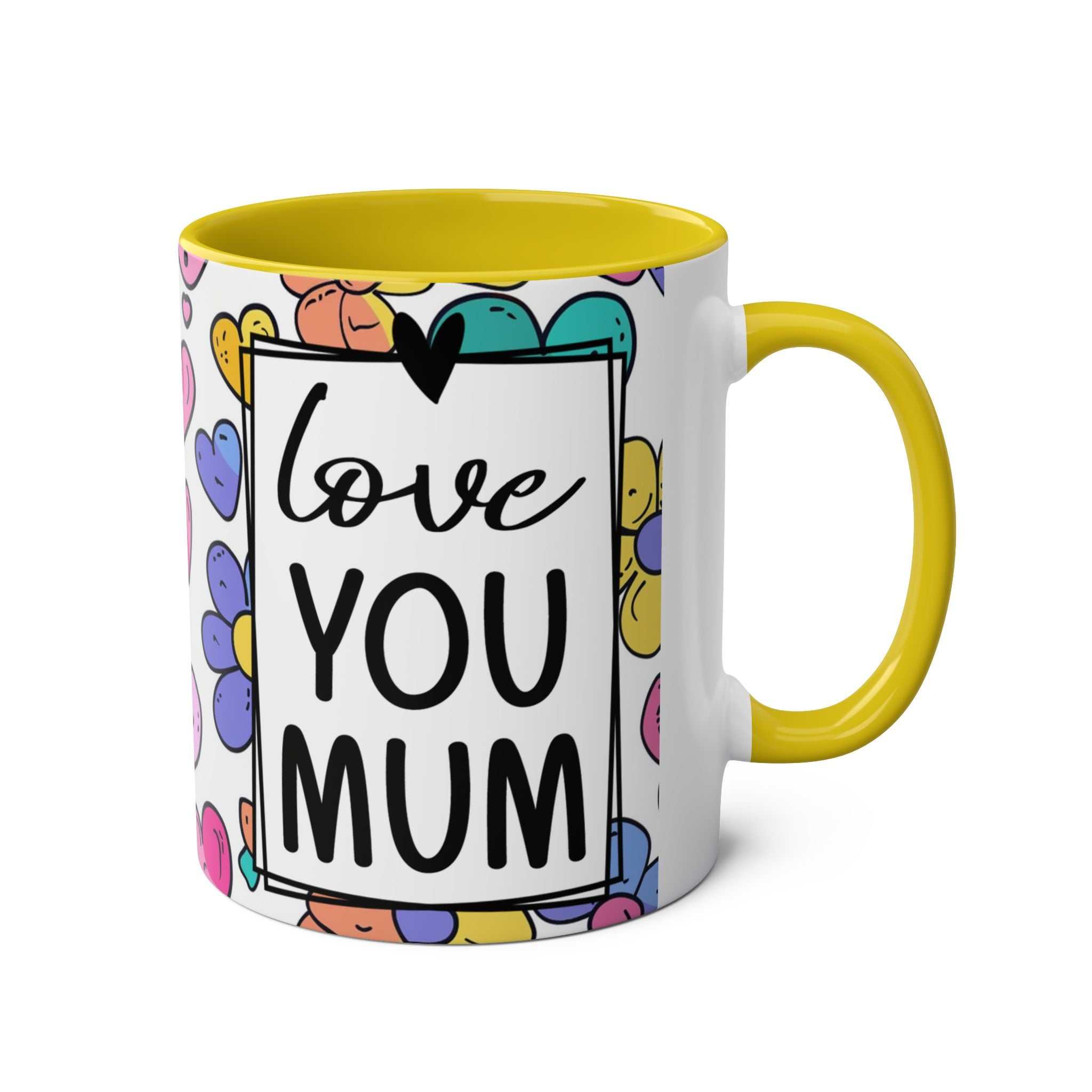 Love You Mum Floral Mug with delicate floral and heart design on glossy ceramic surface