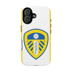 Leeds Utd Magsafe iPhone case with official-inspired crest, white and yellow, dual-layer protection, MagSafe compatible.