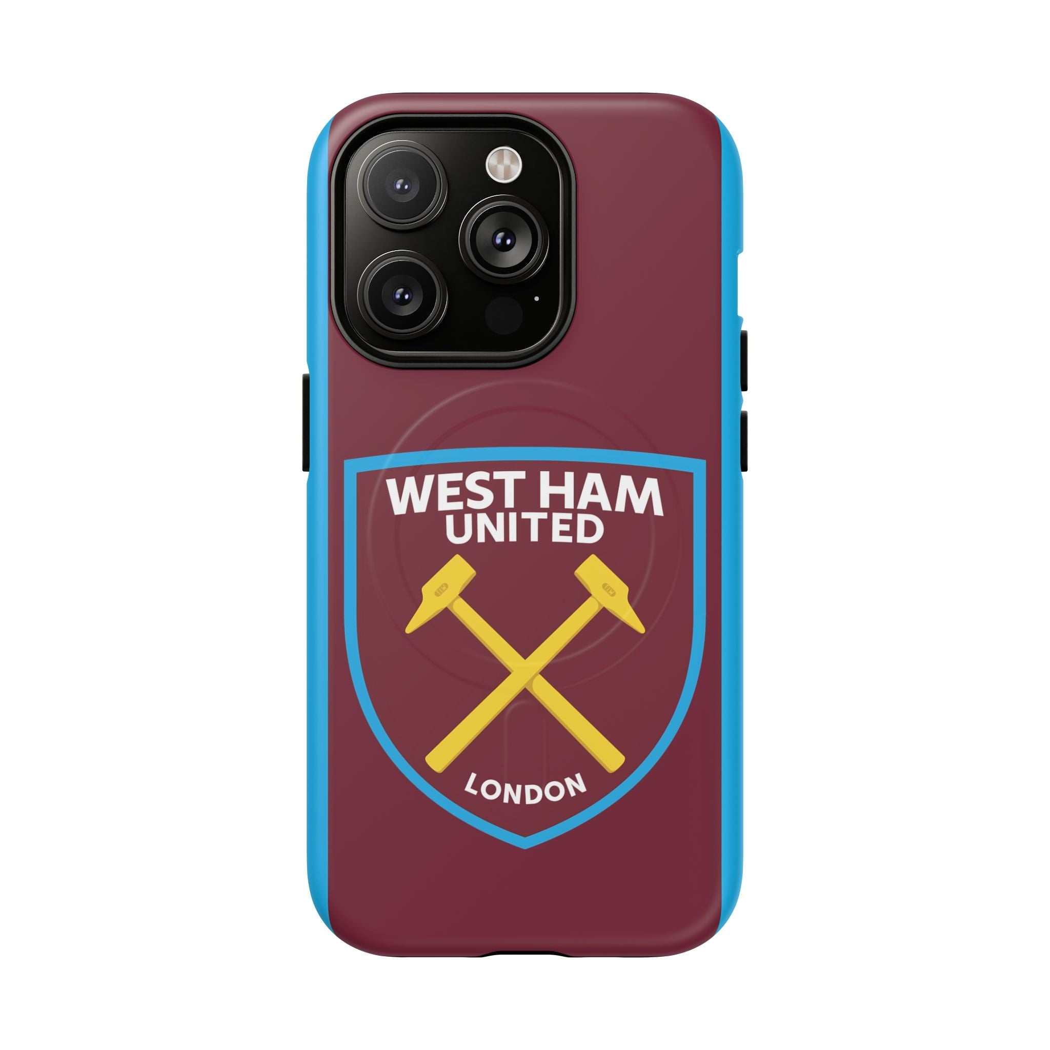 West Ham Utd MagSafe iPhone case in claret and blue with club crest, durable dual-layer protection and wireless charging compatibility