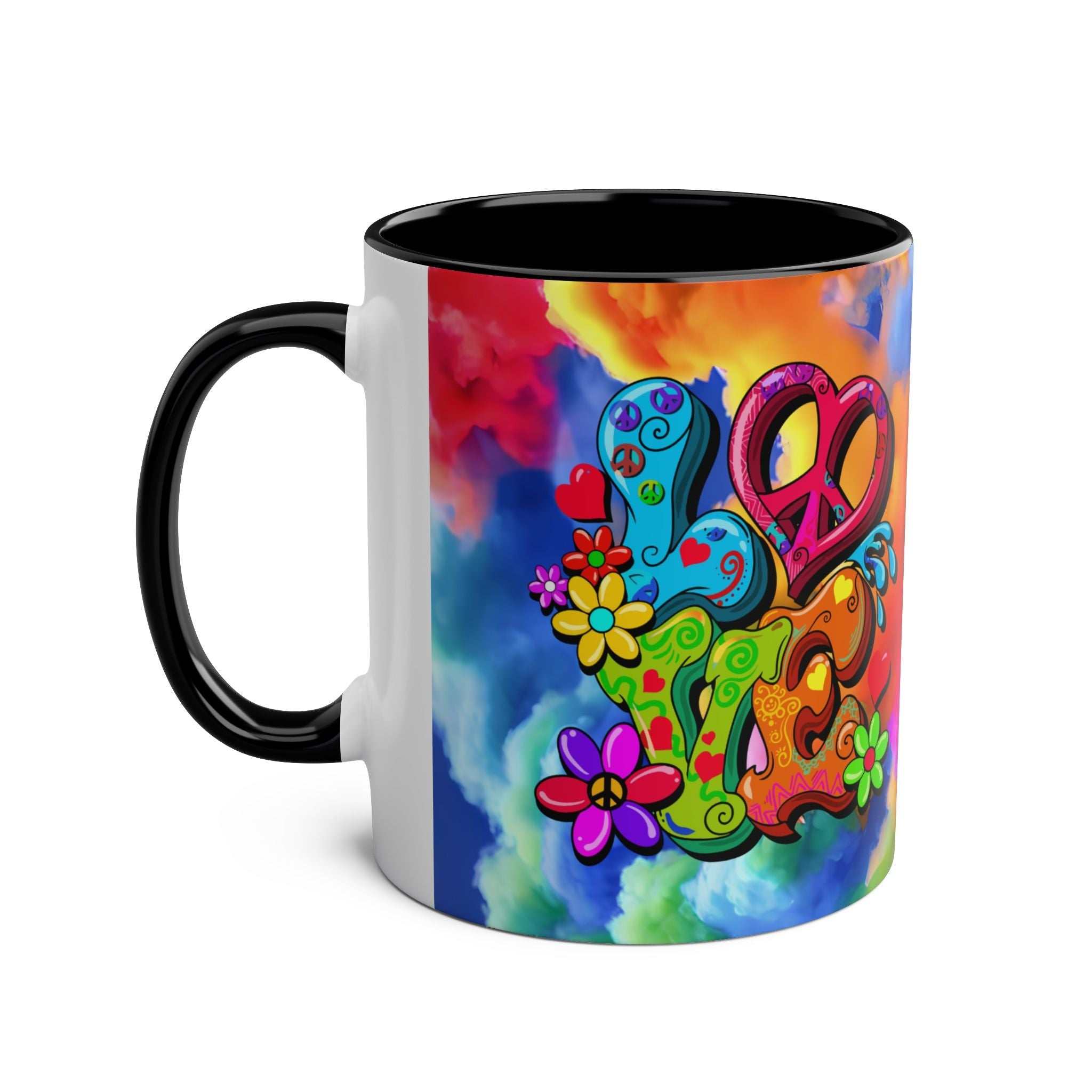 LGBTQ+ Pride mug with vibrant rainbow design and colorful love-themed artwork.