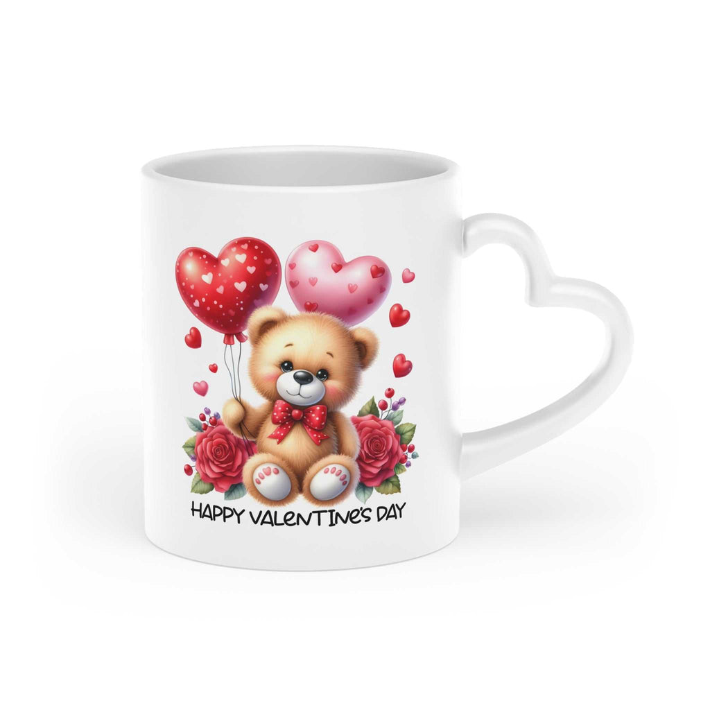 Cute Valentines Day mug with heart-shaped handle and teddy bear design.