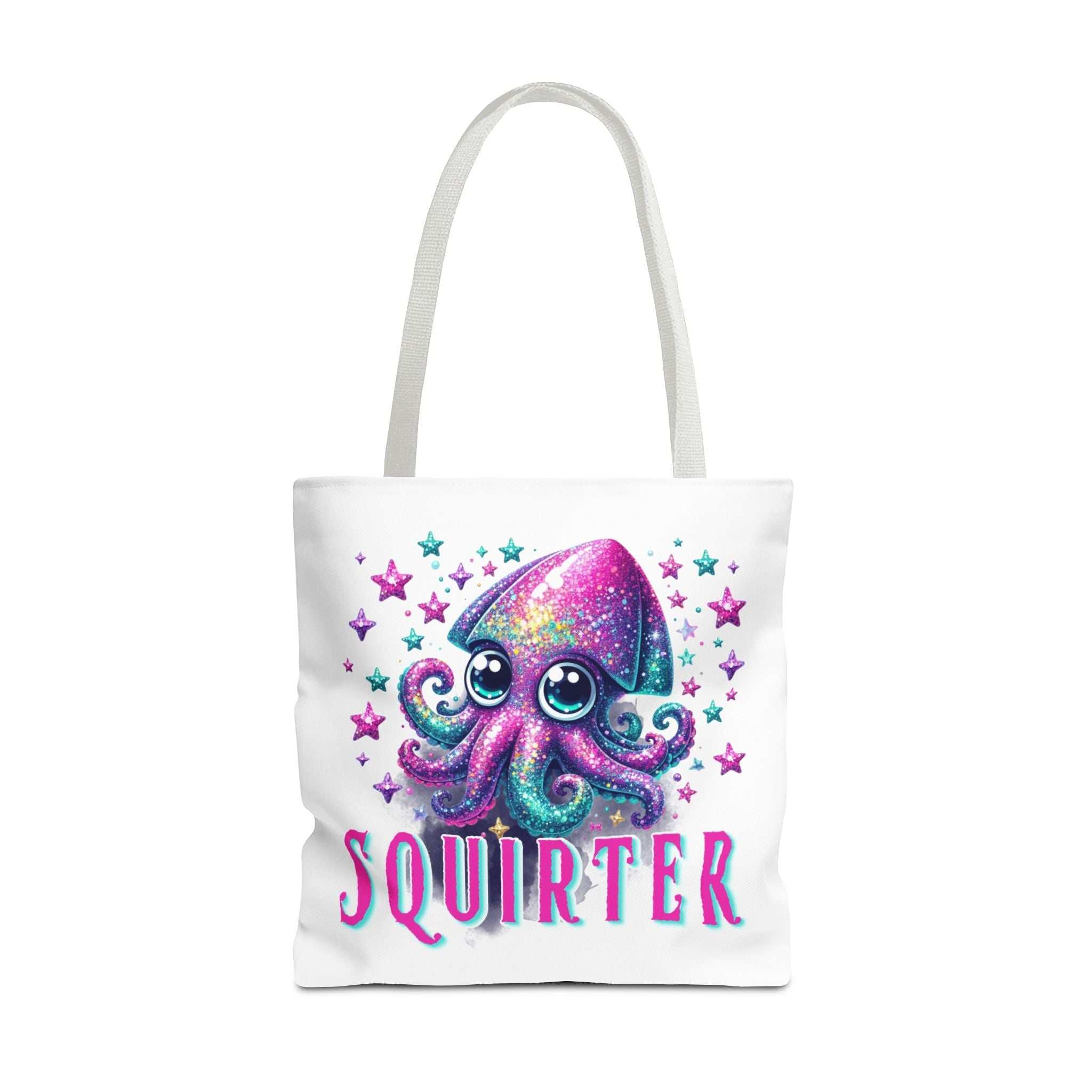 Cheeky Squirter Squid Tote Bag in three sizes with colorful handles and durable spun polyester fabric