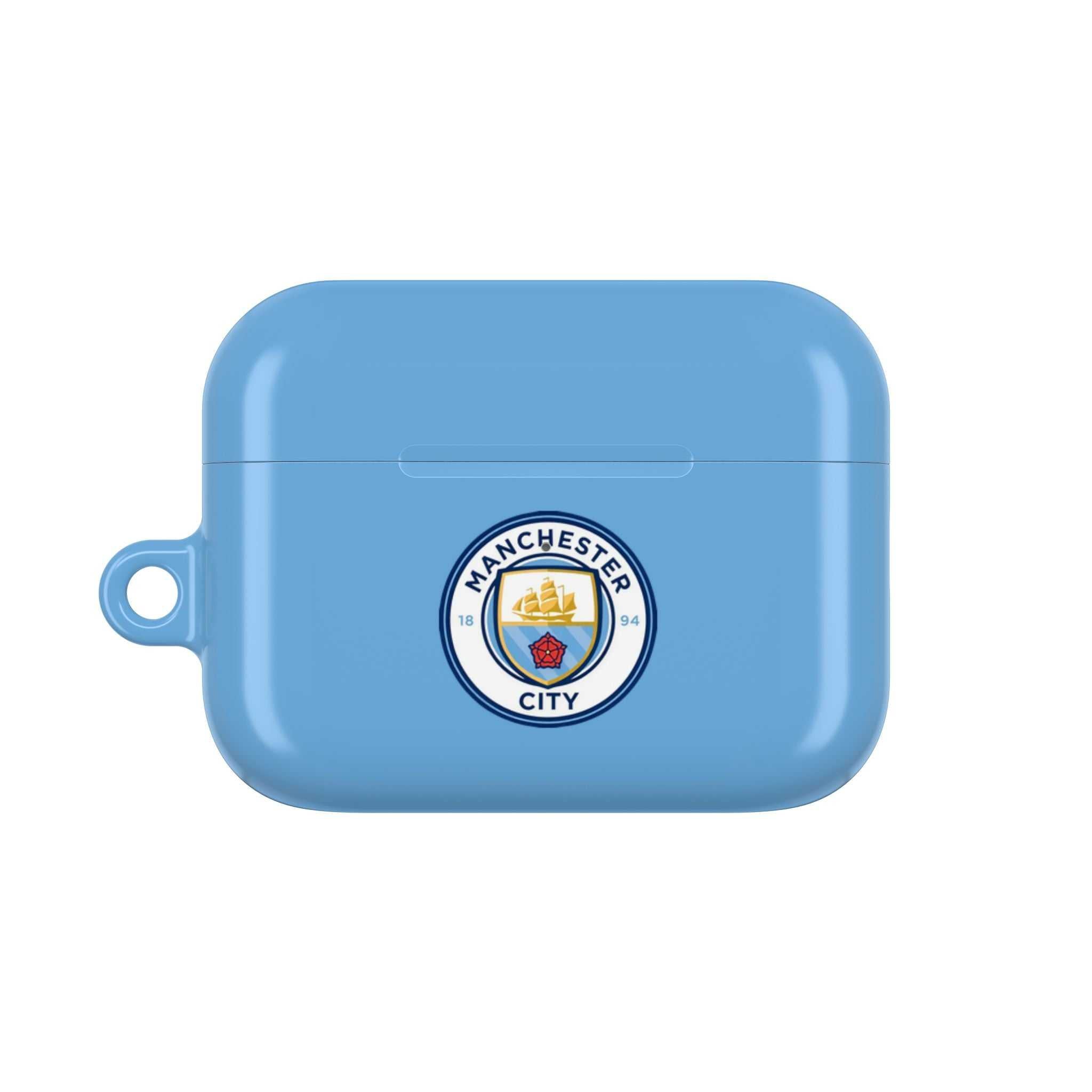 Manchester City FC AirPods protective case in sky blue with club crest, hard shell, shock-resistant design compatible with AirPods and AirPods Pro