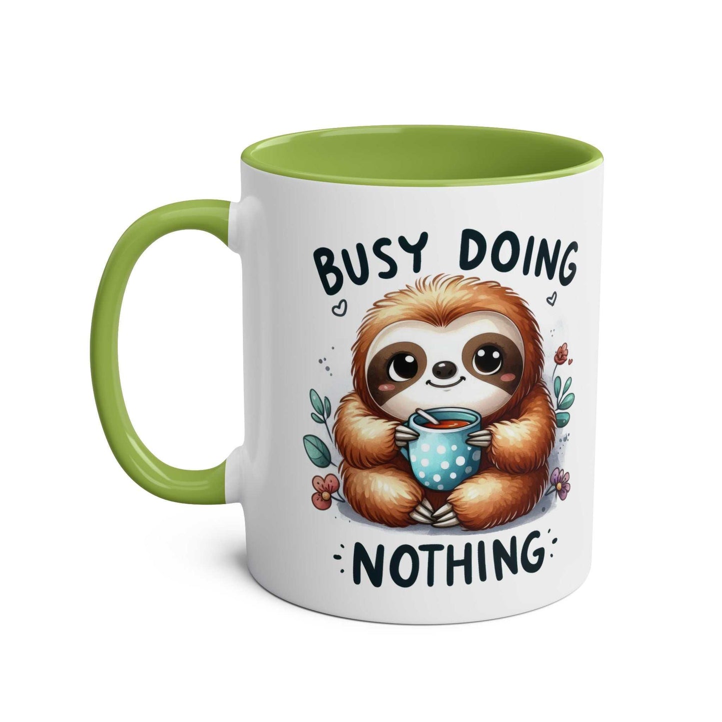 Cute sloth coffee mug with whimsical design and green interior, perfect for animal lovers.