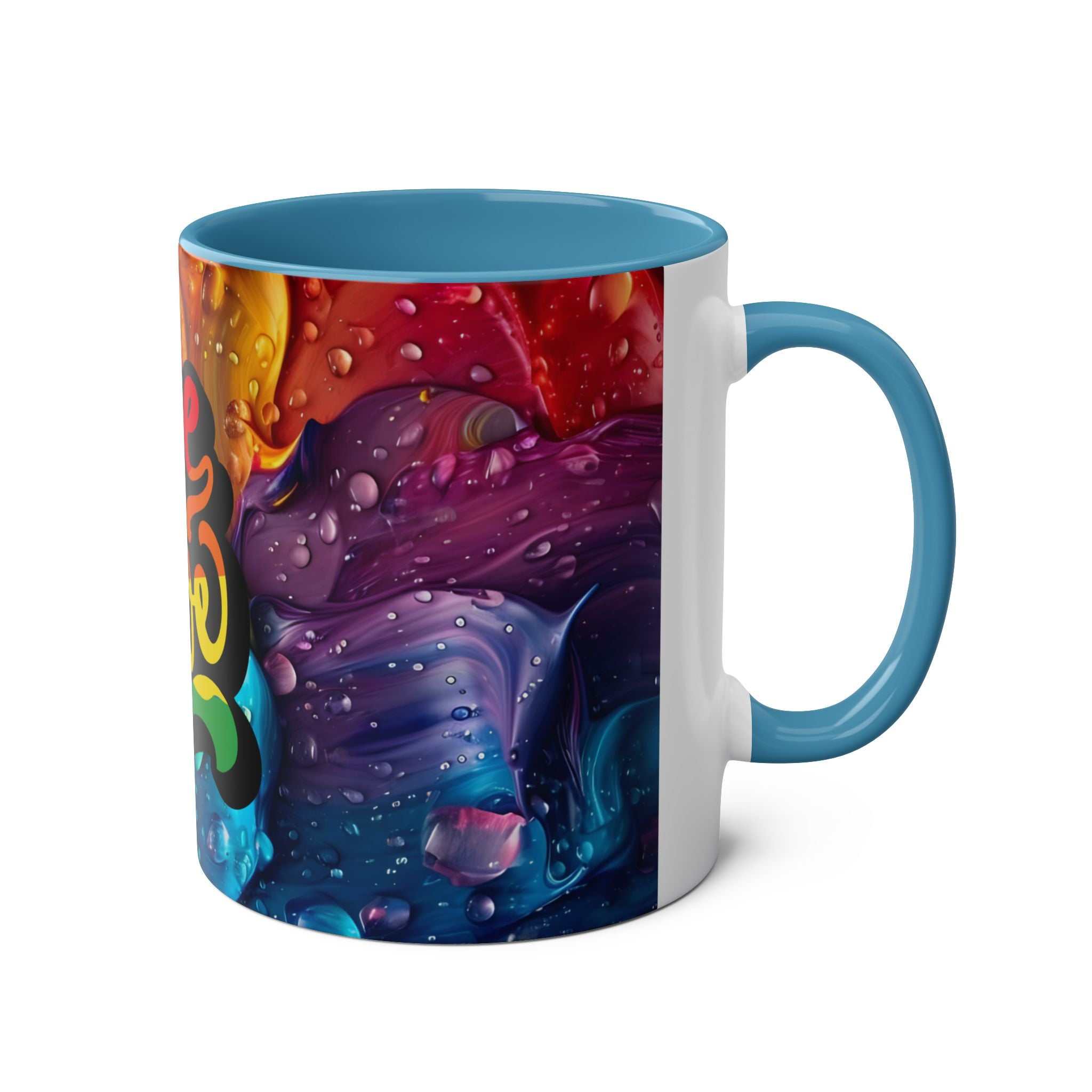 LGBTQ+ Pride mug with vibrant rainbow design, high-quality ceramic, 11oz capacity, glossy finish.