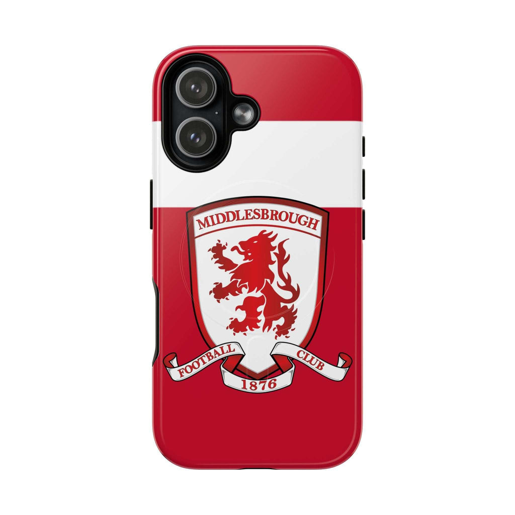 Middlesbrough MagSafe iPhone case with red design and club crest, dual-layer protection, shock-absorbing TPU lining, MagSafe compatible.